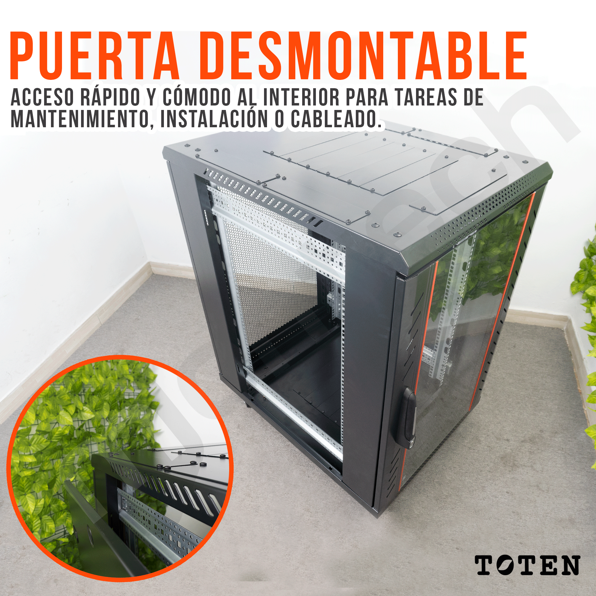 Gabinete de Piso para Servidores / 18 RU / 60x80x90 cm (AnchoxProf.xAlt.) / Puerta Frontal Vidrio Posterior Microperforada