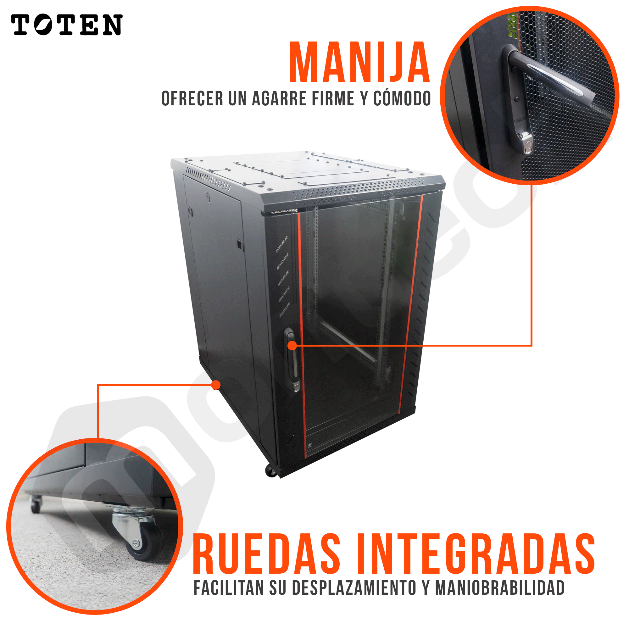 Gabinete de Piso para Servidores / 18 RU / 60x80x90 cm (AnchoxProf.xAlt.) / Puerta Frontal Vidrio Posterior Microperforada