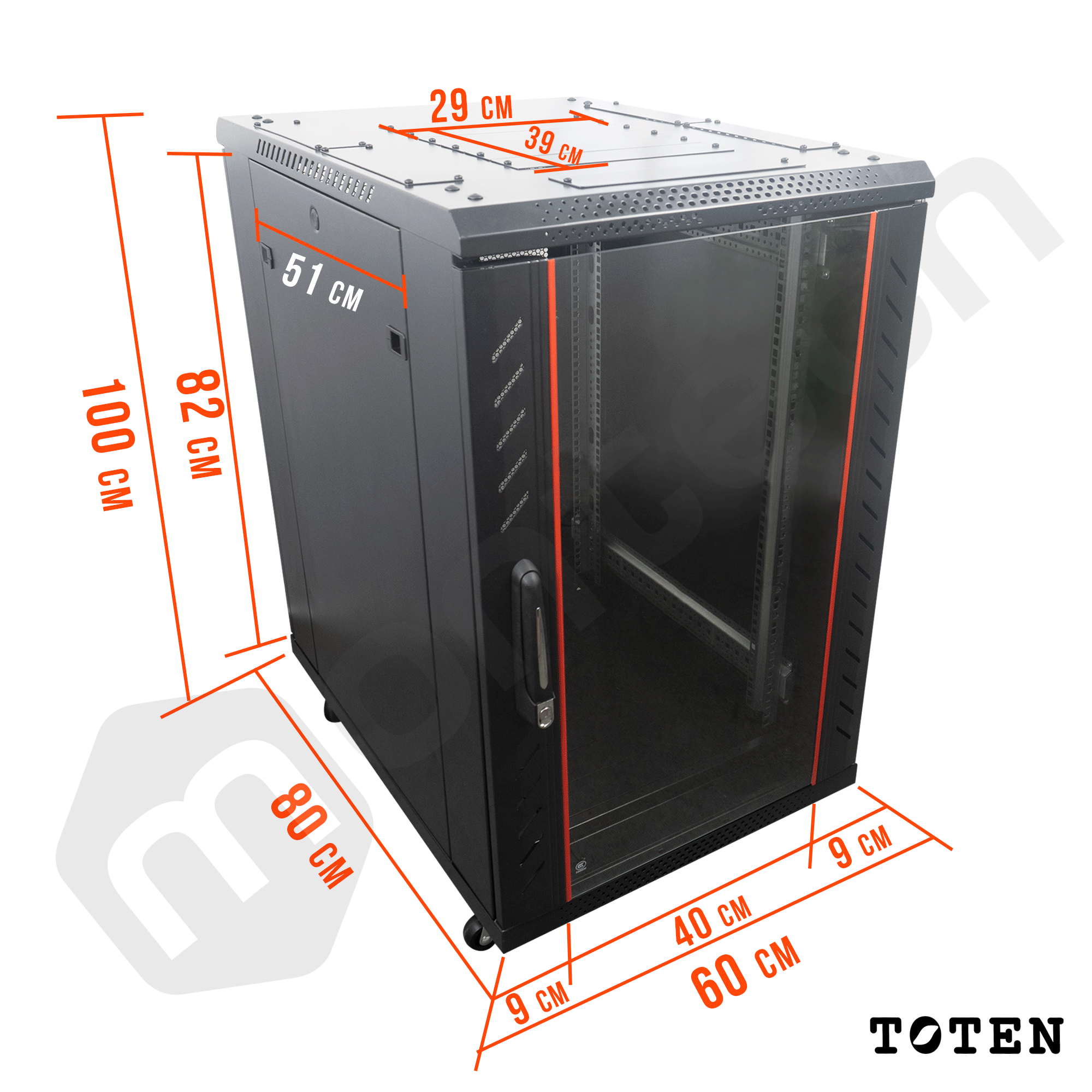 Gabinete de Piso para Servidores / 18 RU / 60x80x90 cm (AnchoxProf.xAlt.) / Puerta Frontal Vidrio Posterior Microperforada