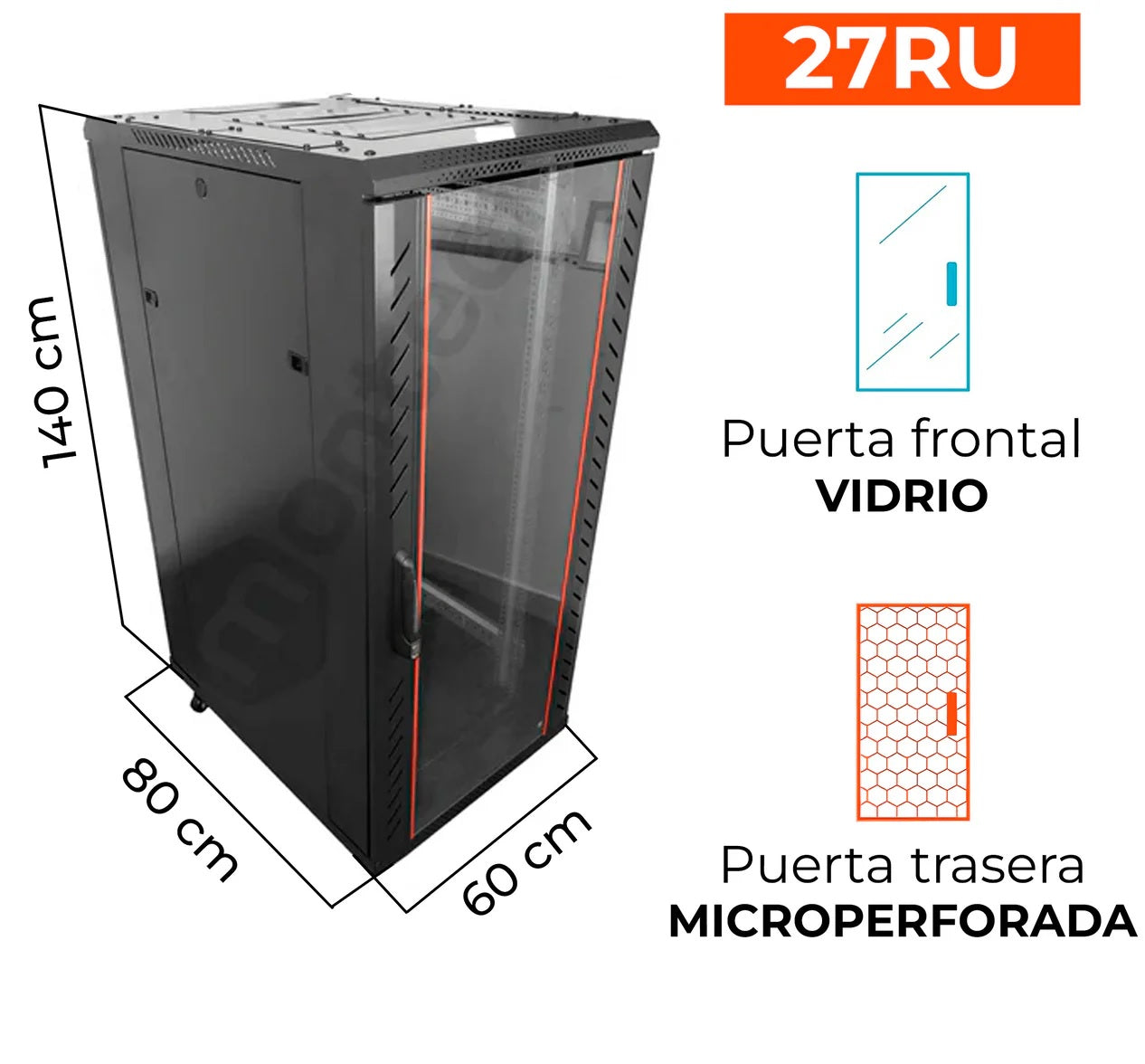 Gabinete de Piso Servidores / 27 RU / 60x80x140 cm (AnchoxProf.xAlt.) / Puerta Frontal Vidrio Posterior Microperforada