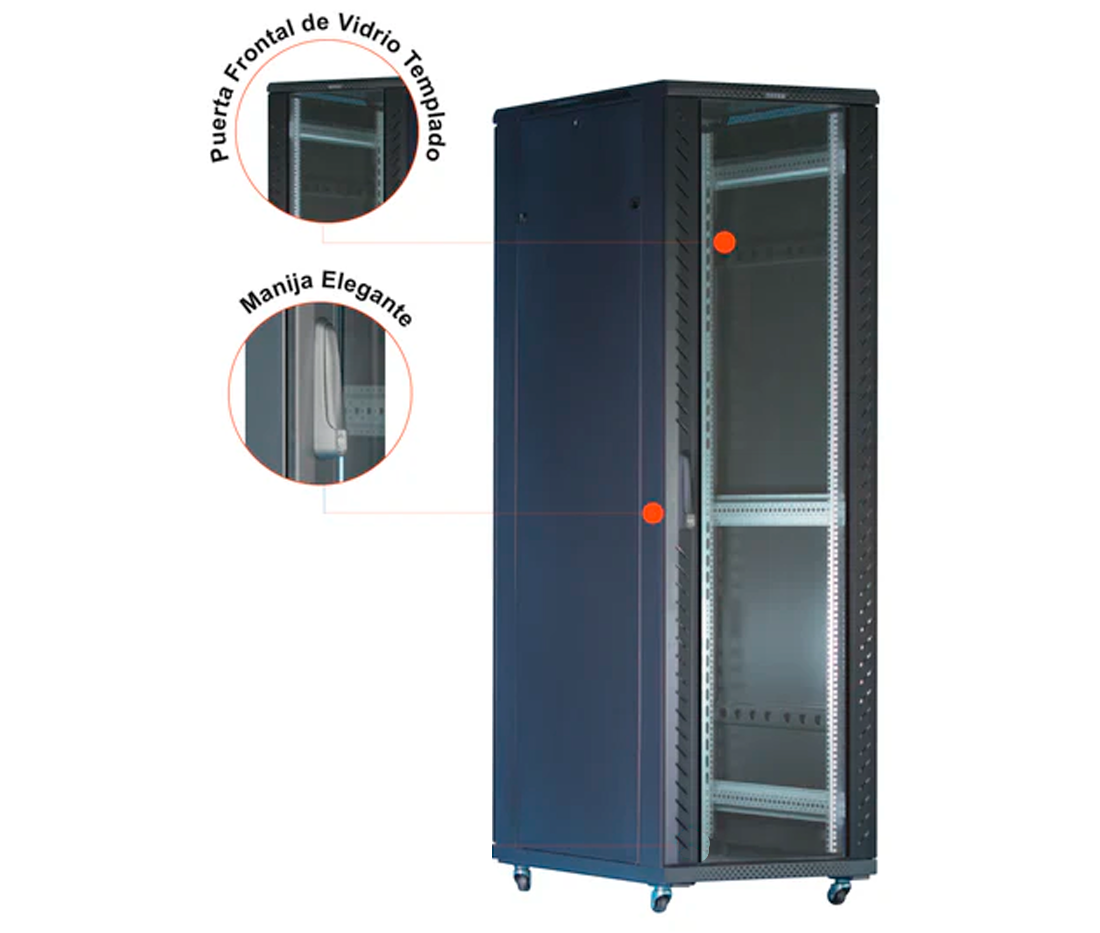Gabinete de Piso para Servidores / 42 RU / 80x100x206 cm (AnchoxProf.xAlt.) / Puerta Frontal Vidrio Posterior Doble Microperforada
