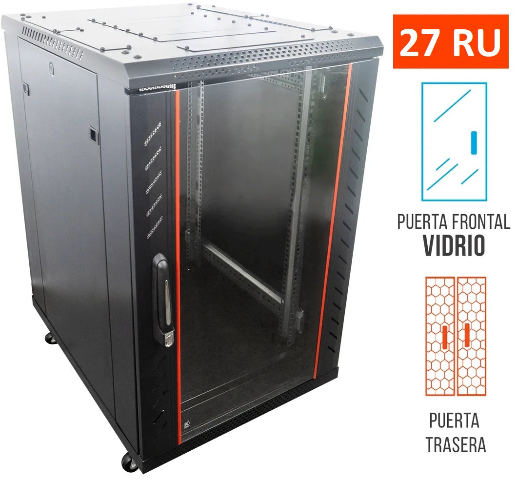 Gabinete de Piso 19" / 27 RU / 60x80 cm (Anch x Prof) / Puerta Frontal Vidrio y Posterior Doble Microperforada