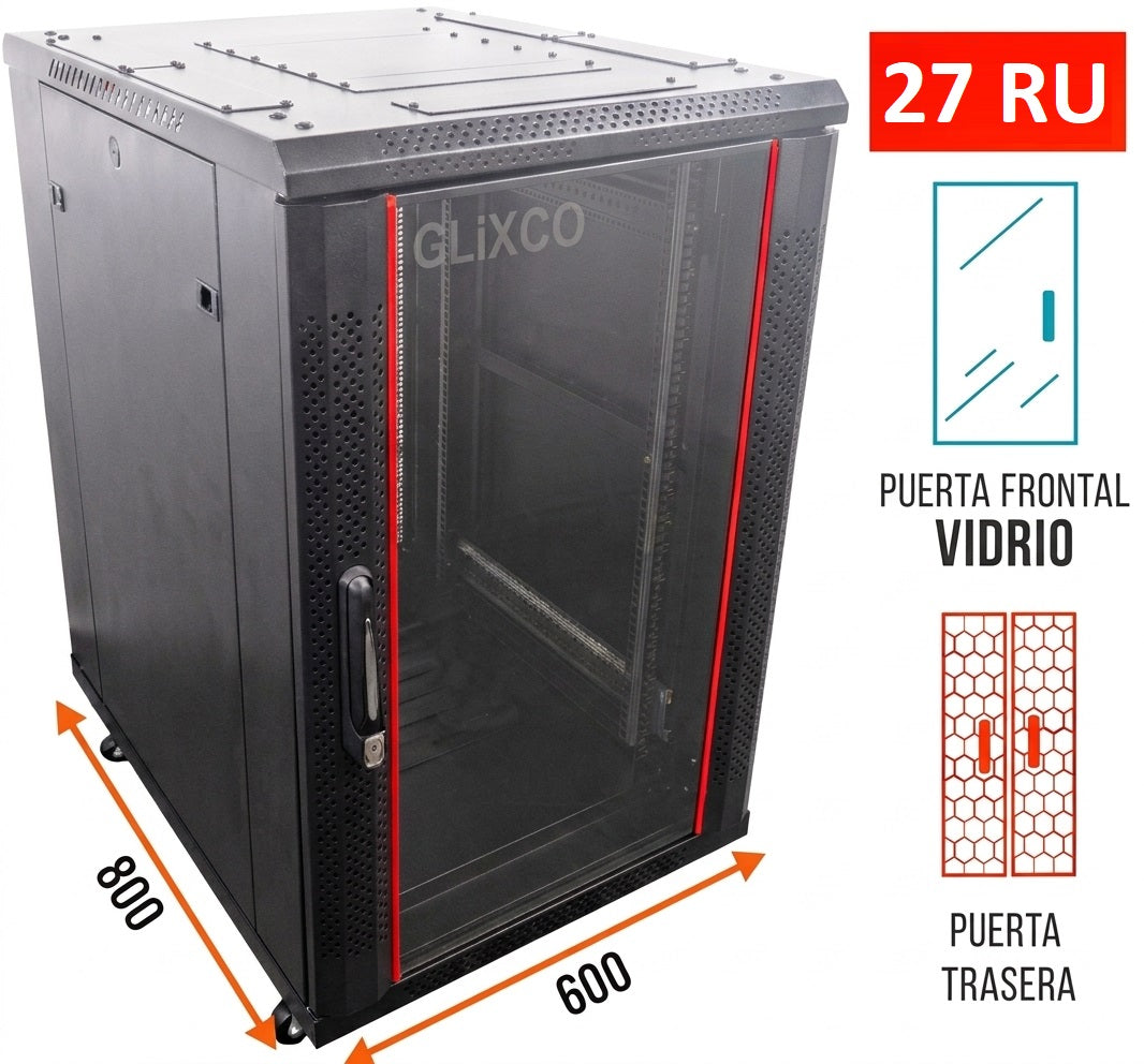 Gabinete de Piso 19" / 27 RU / 60x80 cm (Anch x Prof) / Puerta Frontal Vidrio y Posterior Doble Microperforada
