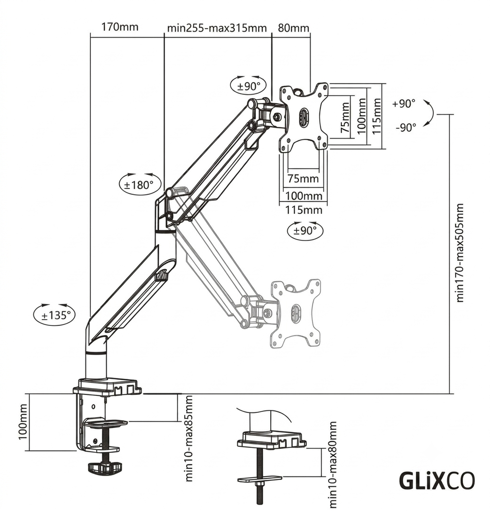 Rack Soporte con Gas Spring de Escritorio para Monitor 17 a 32 Pulg