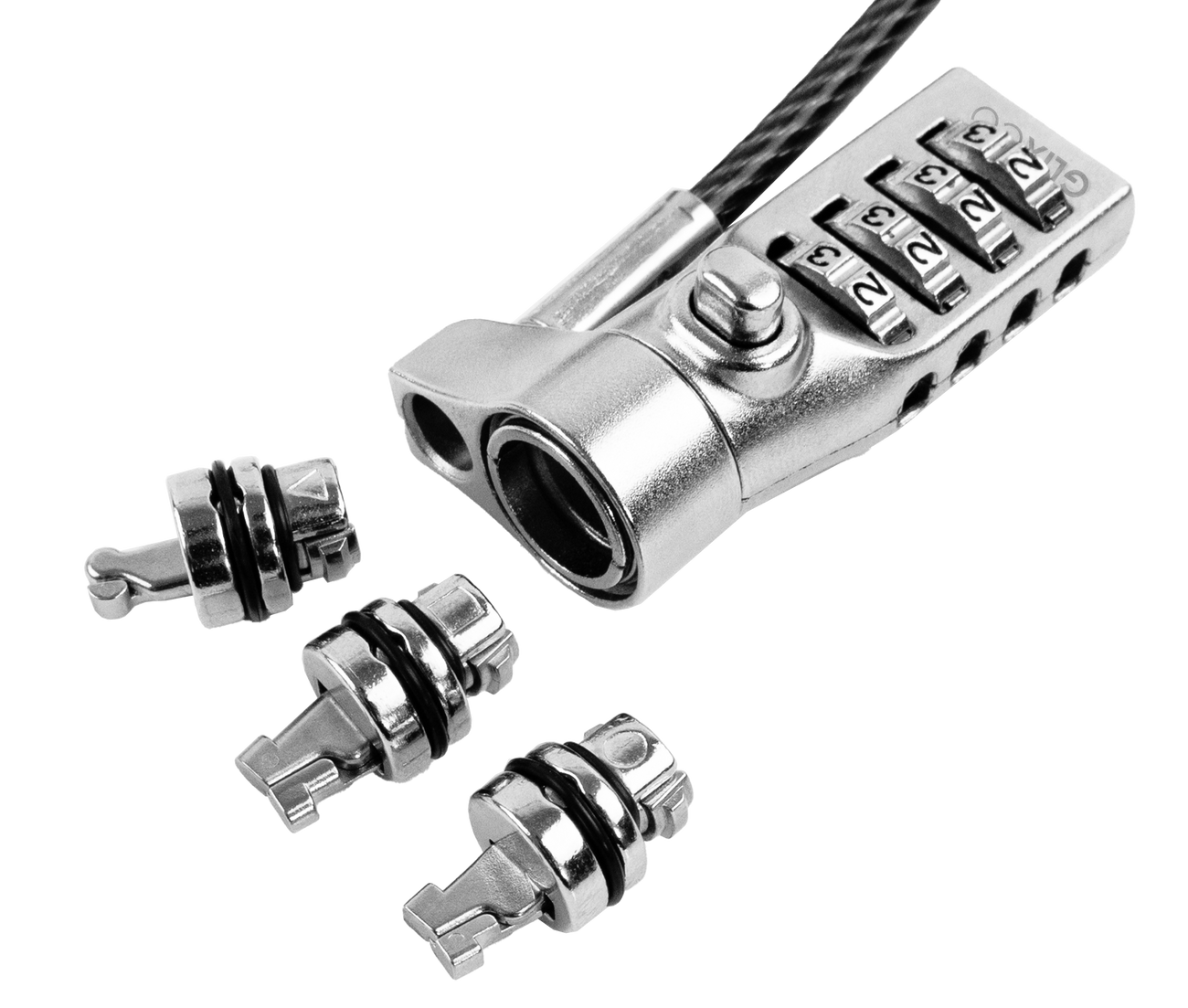 Cable de Seguridad para Laptop con Clave 4 dígitos / 2 Mt / Ranura Universal 3 en 1 / Cabezales intercambiables