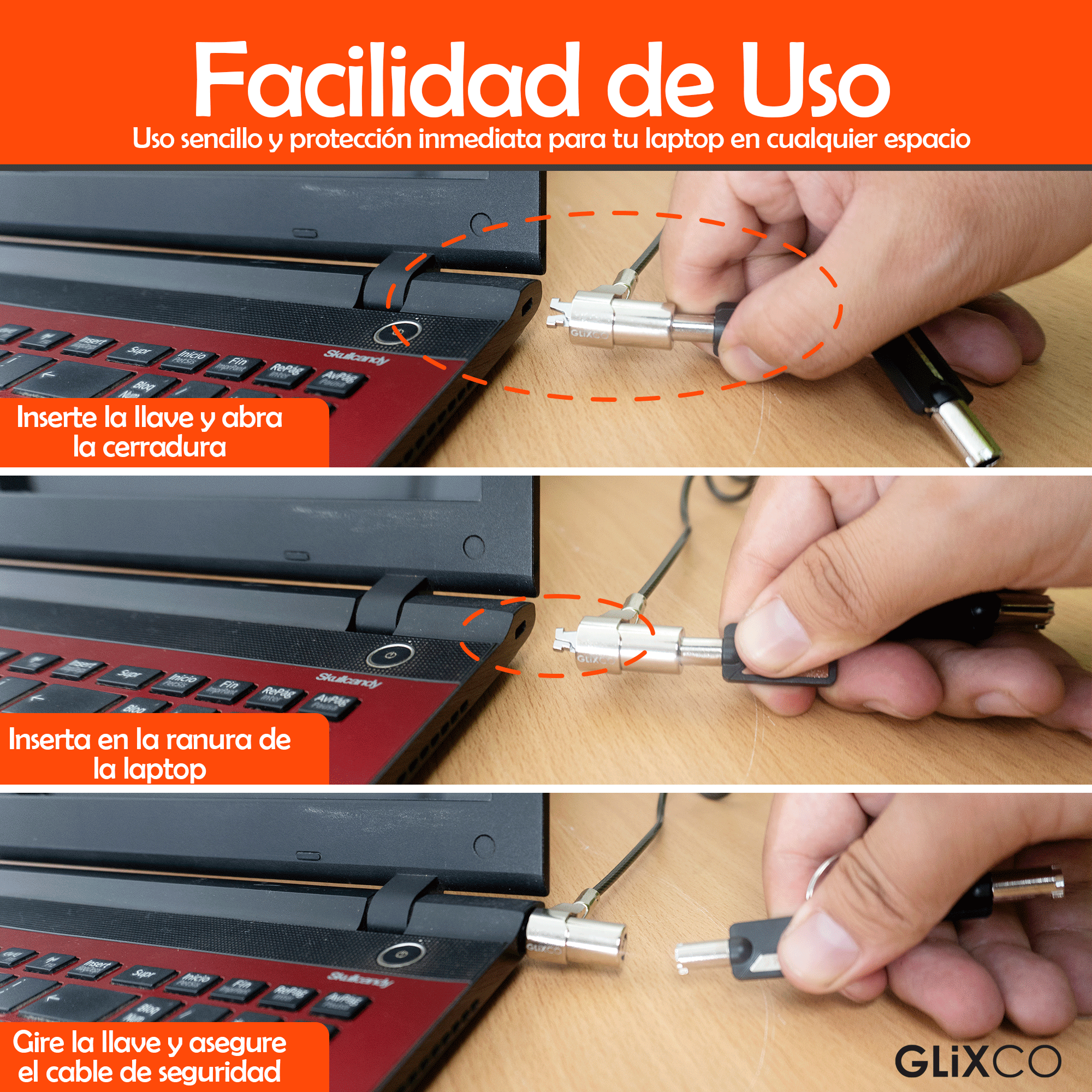 Cable Espiral de Seguridad para Laptop con LLave Codificada / Ranura Standard Kensington