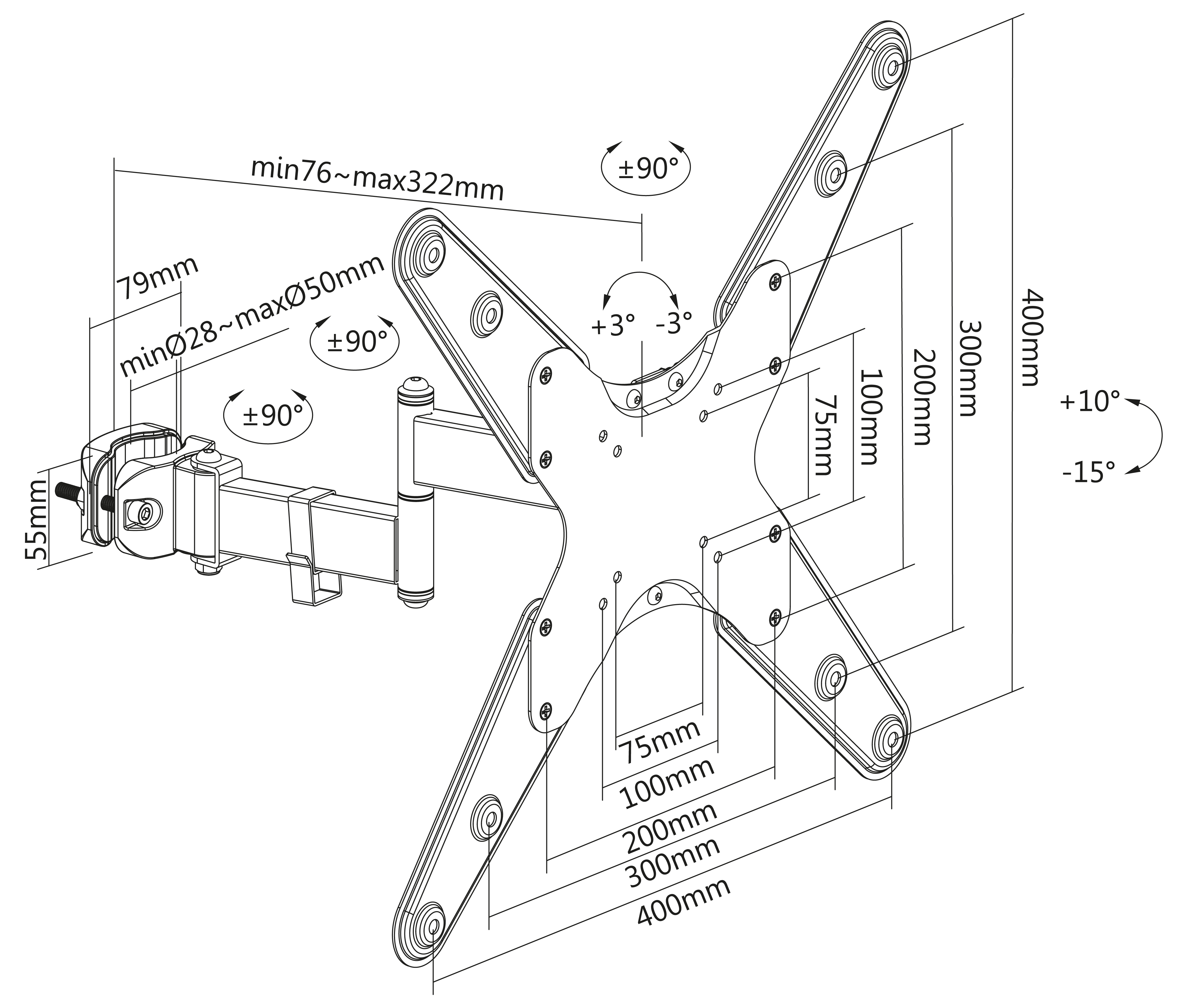 Rack de Montaje Tubo con Brazo Articulado para TV 32 a 55 Pulg / VESA Max 400x400mm / Carga 25 kg