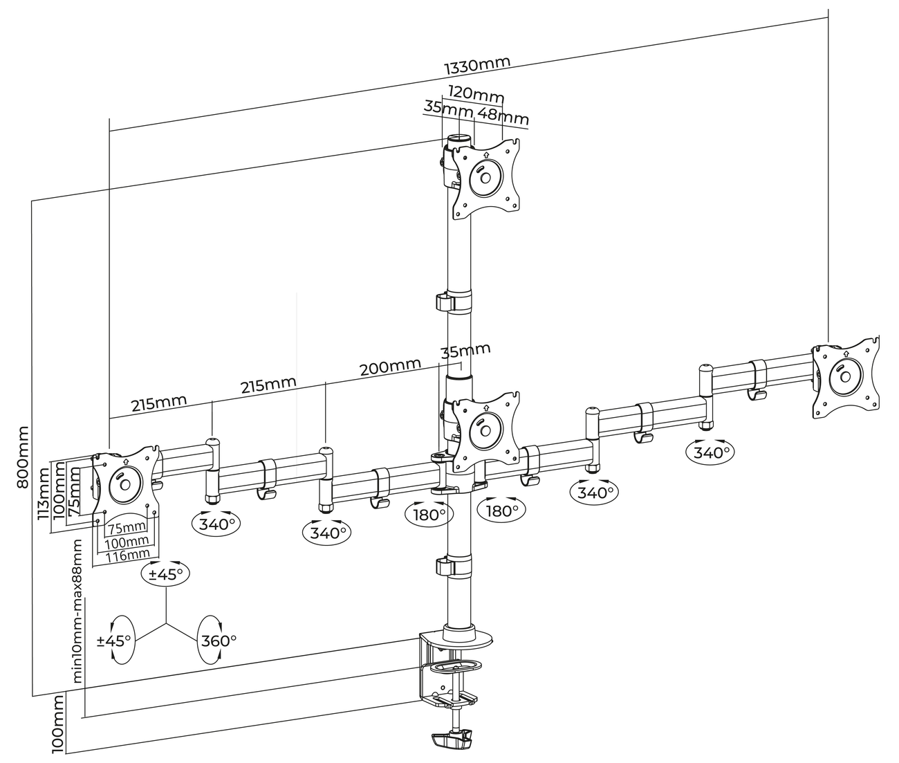 Rack Soporte Cuádruple de Escritorio para 4 monitores 13 a 27 pulg