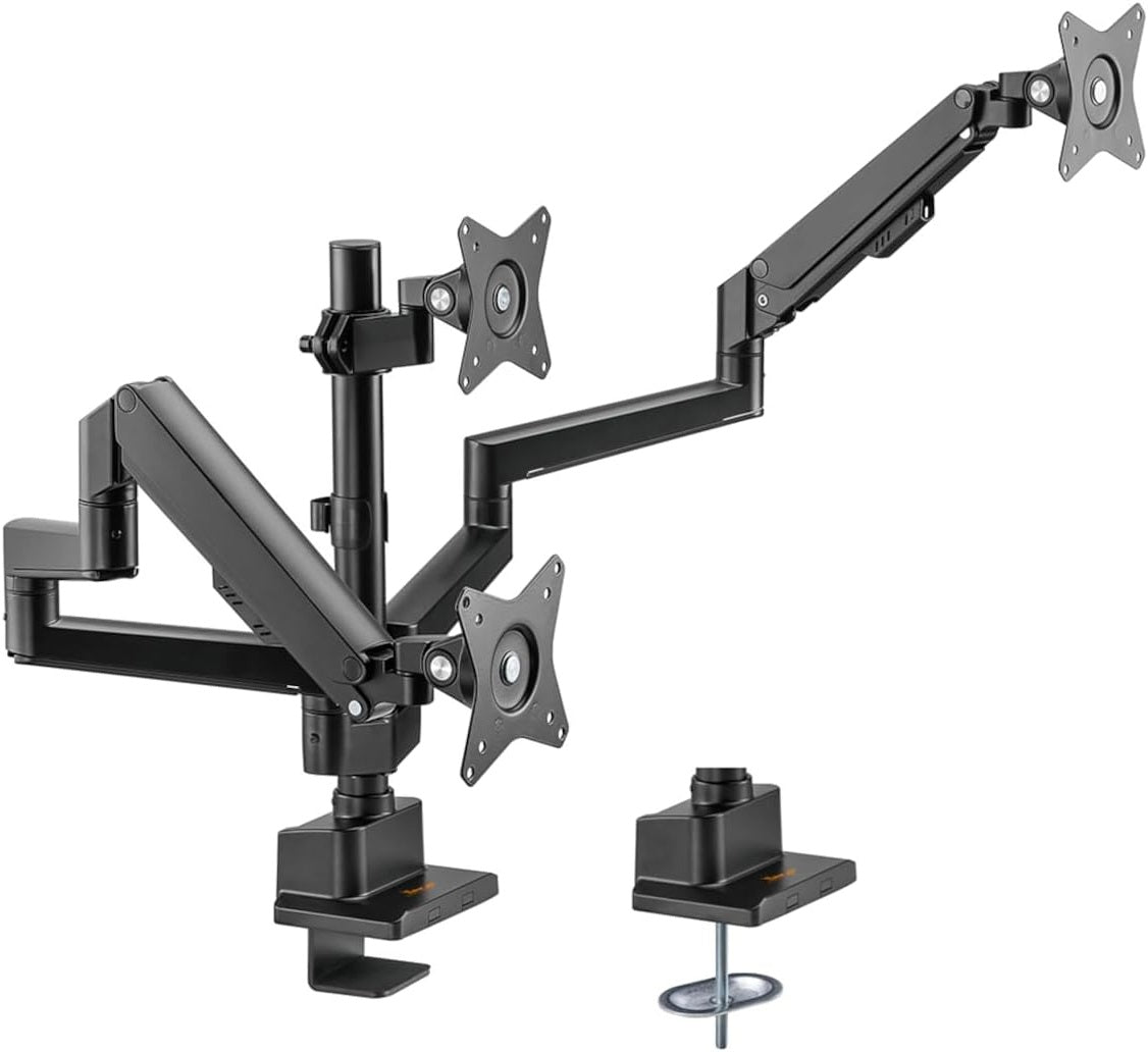 RACK CON TRIPLE BRAZO GAS SPRING PARA 3 MONITORES DE 17 A 30 PULG -MONTADO EN POSTE