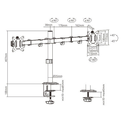 Rack Soporte Doble Brazo de Escritorio para 2 Monitores 17 a 32 pulg