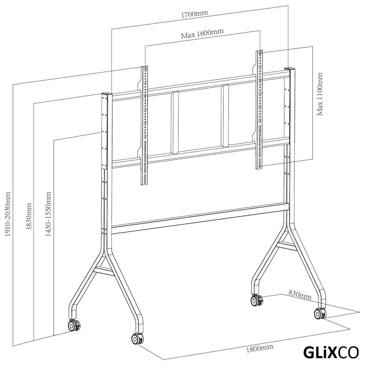 Rack Pedestal con Ruedas para TV 85 a 120 Pulg / VESA Max 1600x1100mm / Carga 120 kg