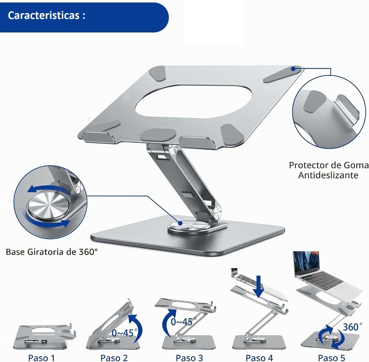 Soporte Plegable para Laptop 11 a 17 Pulg / Base Giratoria 360° / Altura Regulable