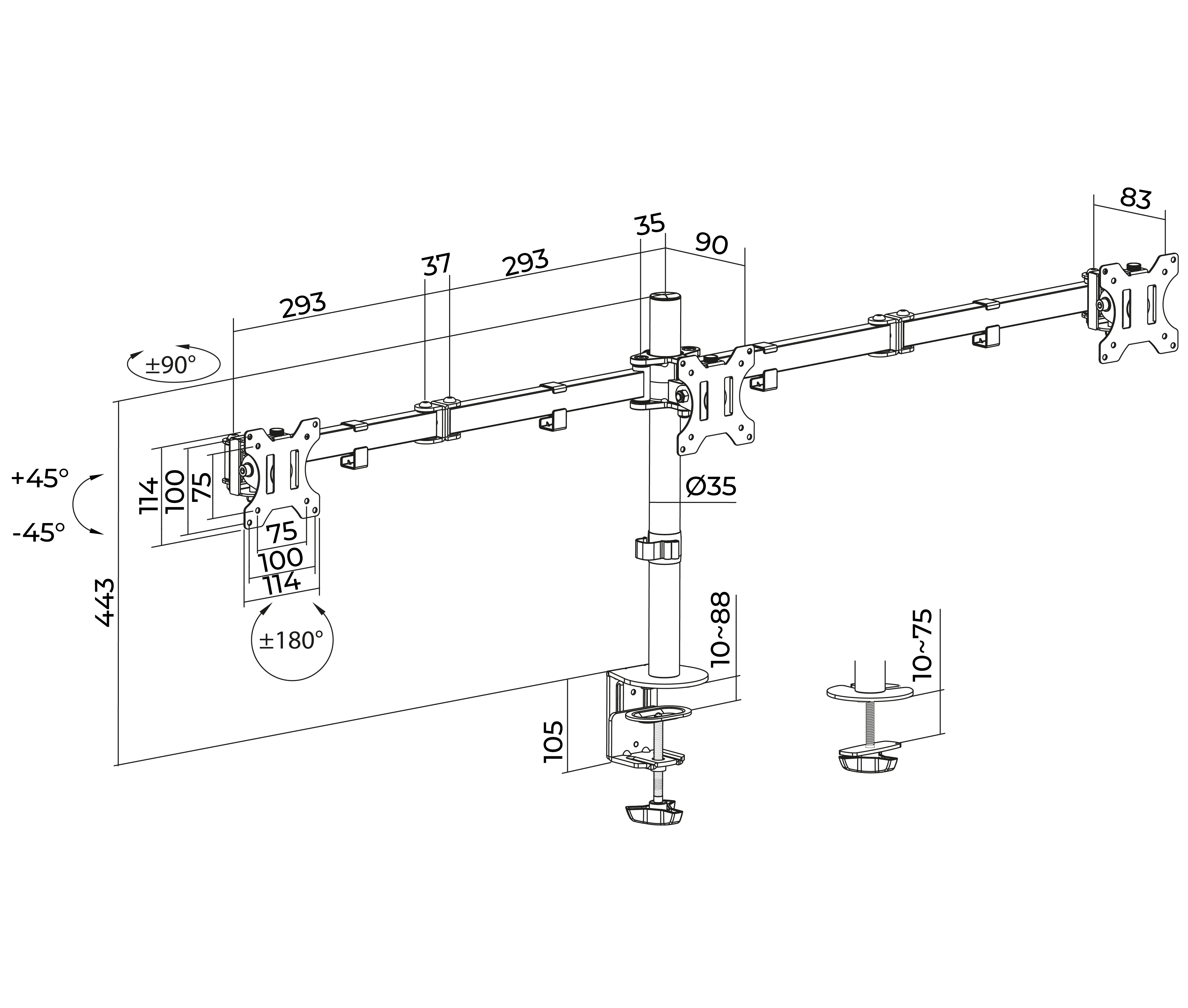 Rack Soporte Triple de Escritorio para 3 Monitores 13 a 24 Pulg