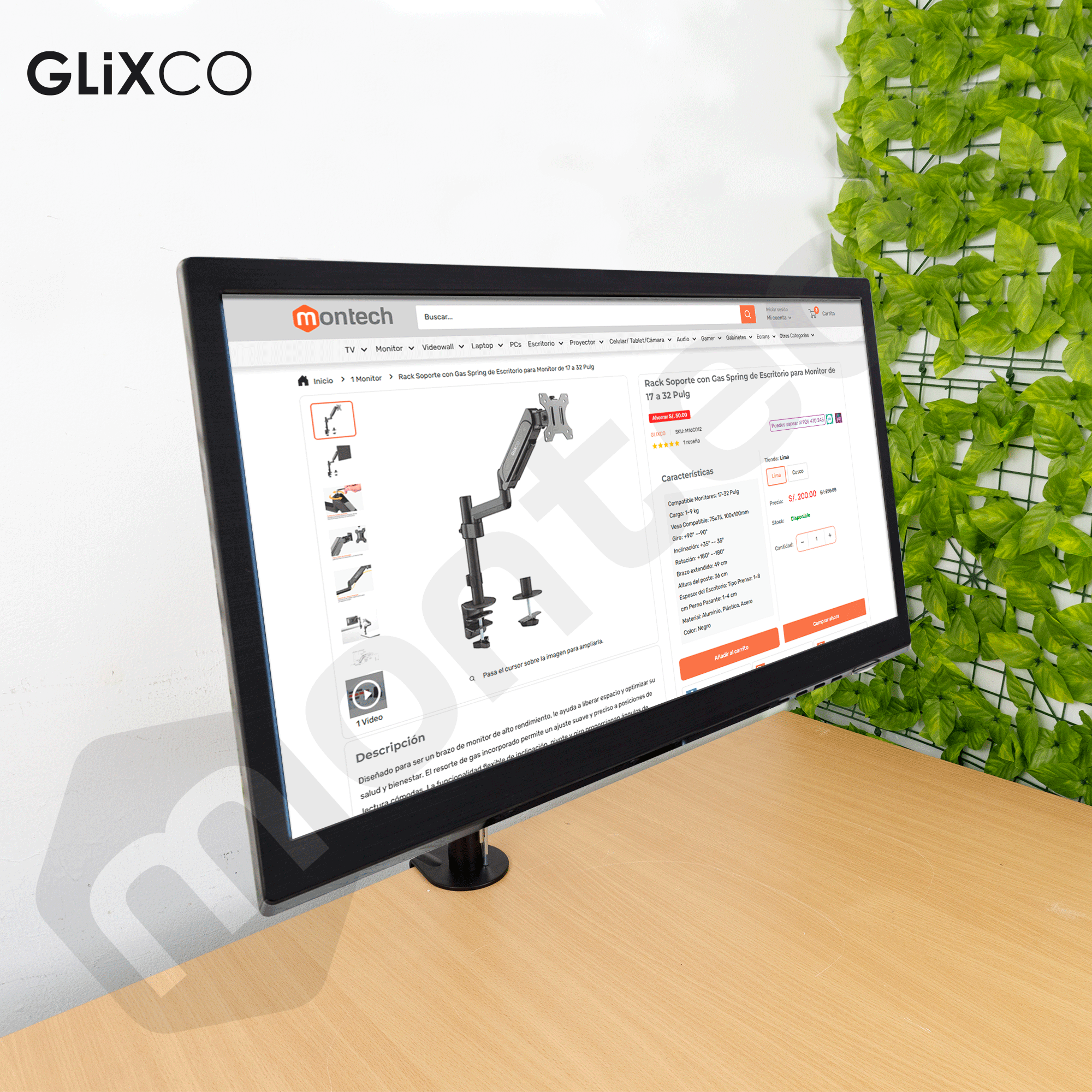 Rack Soporte con Gas Spring de Escritorio para Monitor de 17 a 32 Pulg