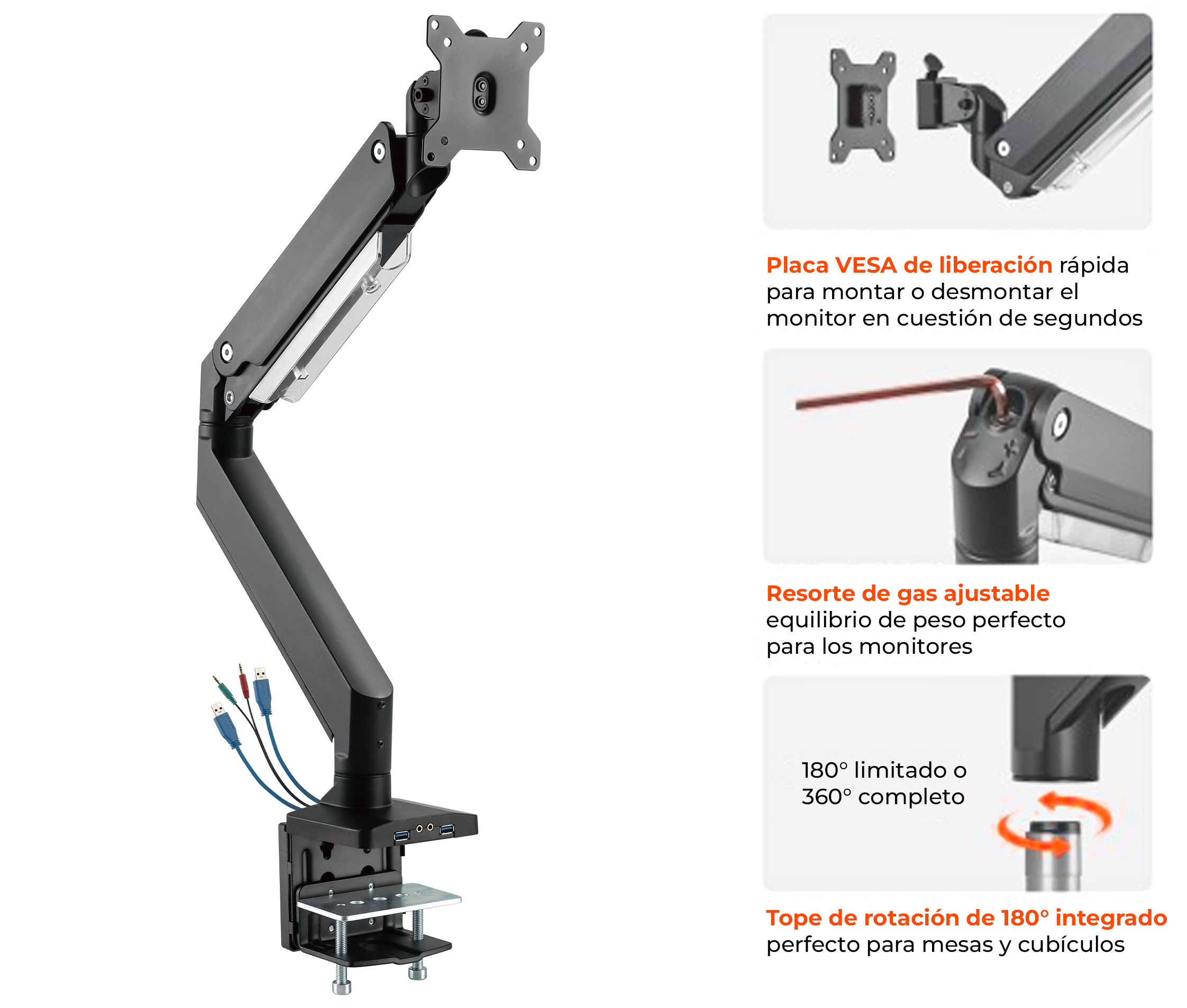 Rack Soporte con Gas Spring de Escritorio para Monitor 17 a 35 Pulg / Puerto USB 3.0