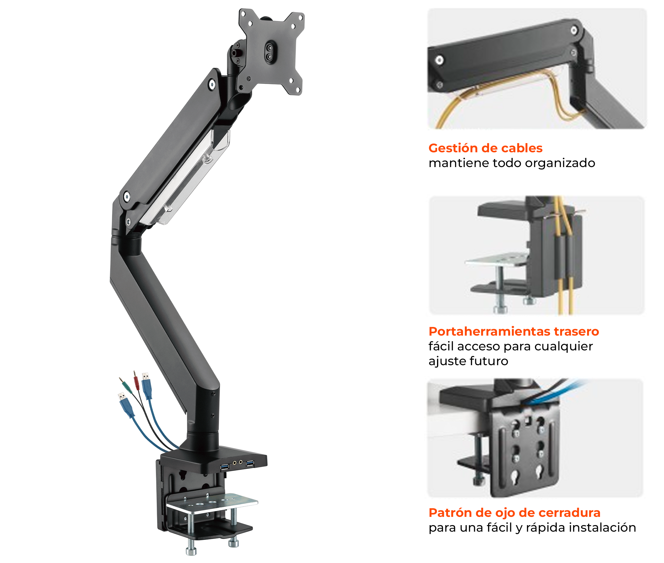 Rack Soporte con Gas Spring de Escritorio para Monitor 17 a 35 Pulg / Puerto USB 3.0