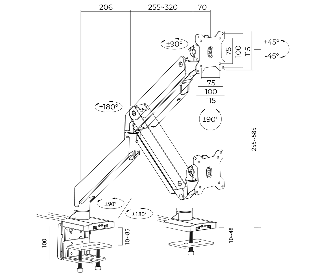 Rack Soporte con Gas Spring de Escritorio para Monitor 17 a 35 Pulg / Puerto USB 3.0