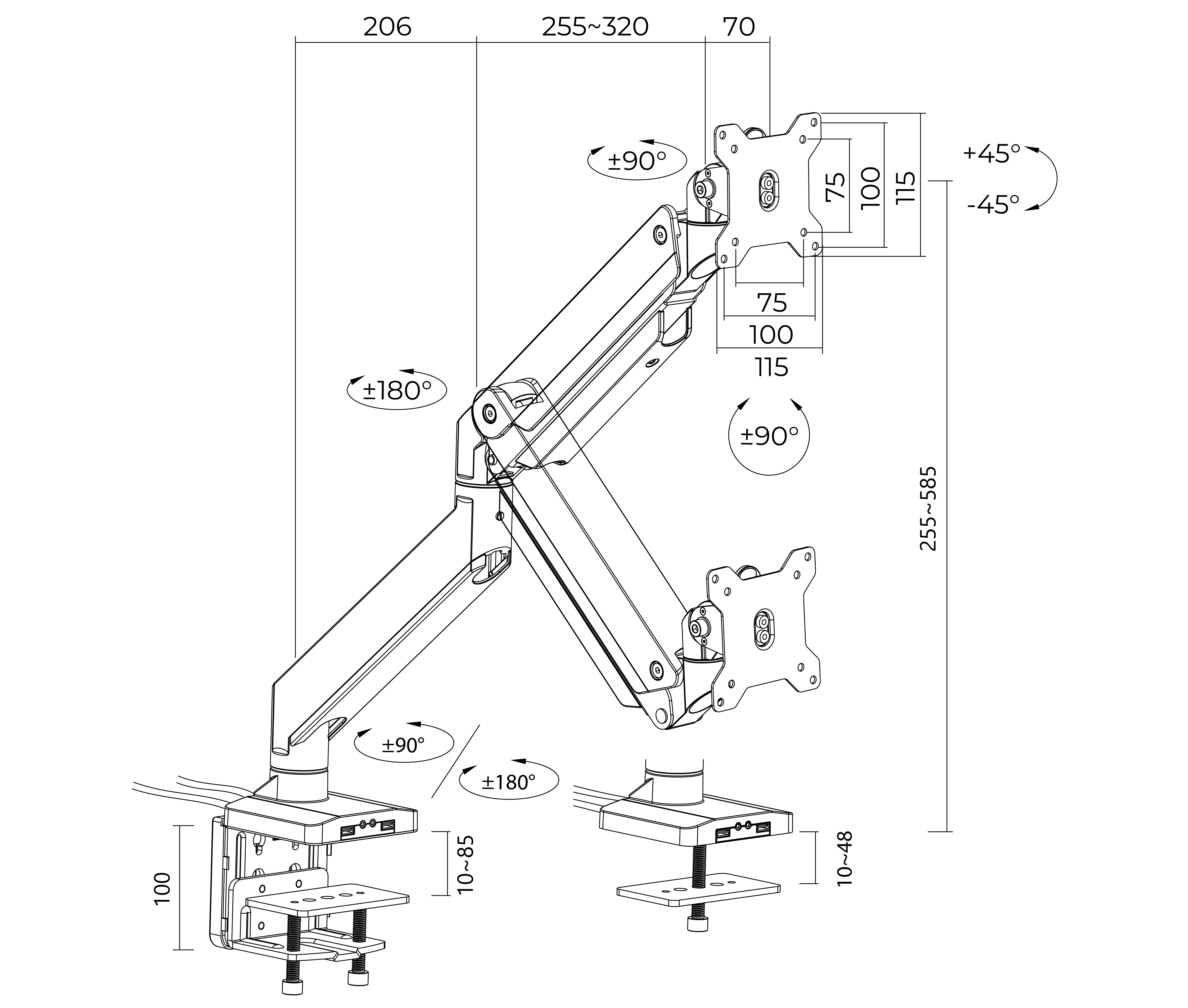 Rack Soporte con Gas Spring de Escritorio para Monitor 17 a 35 Pulg / Puerto USB 3.0