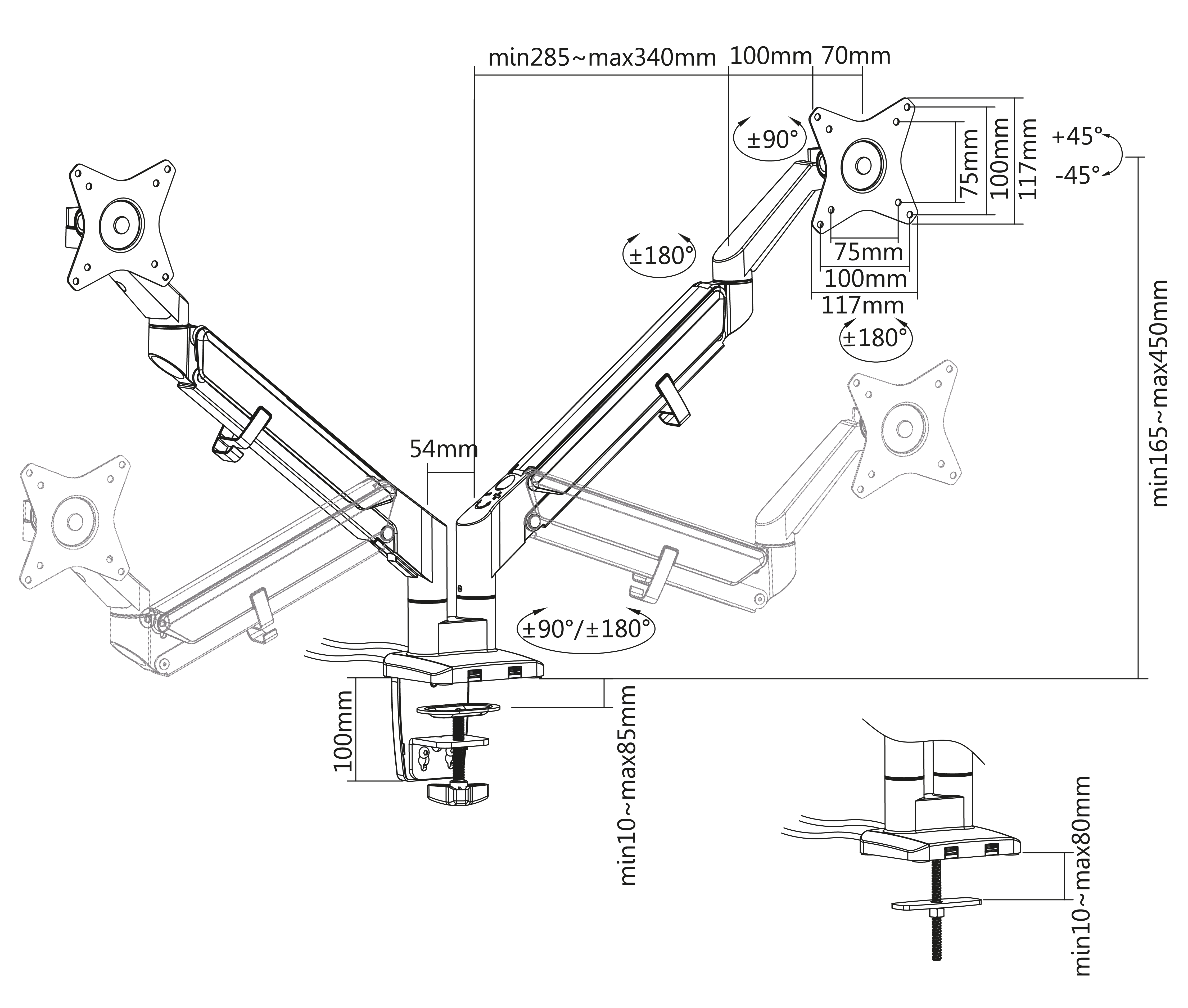 Rack Soporte Doble Brazo Corto para 2 Monitores 17 a 32 Pulg / Puertos USB 3.0 / Diseño Premium