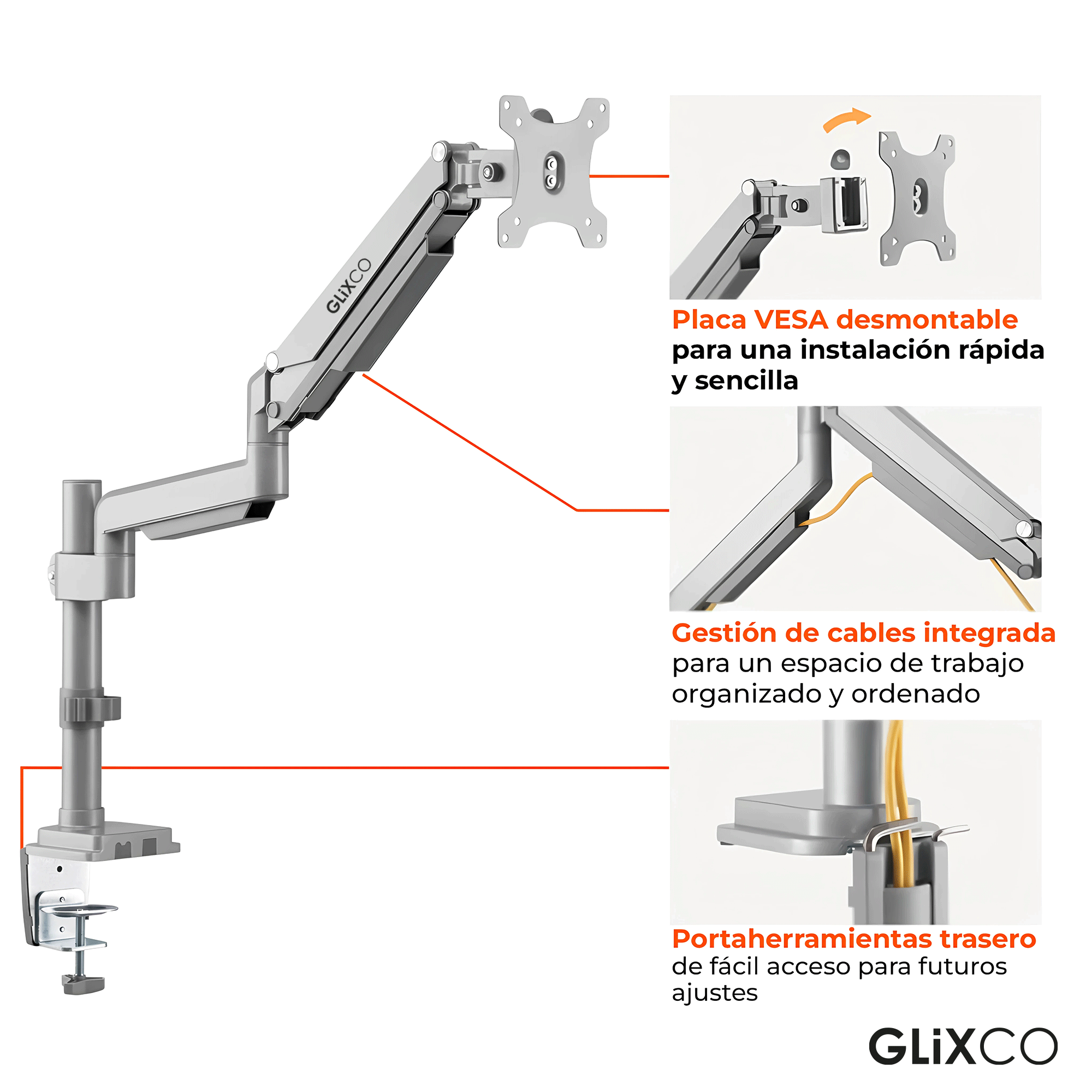 Rack Soporte con Gas Spring de Escritorio para Monitor 17 a 32 Pulg