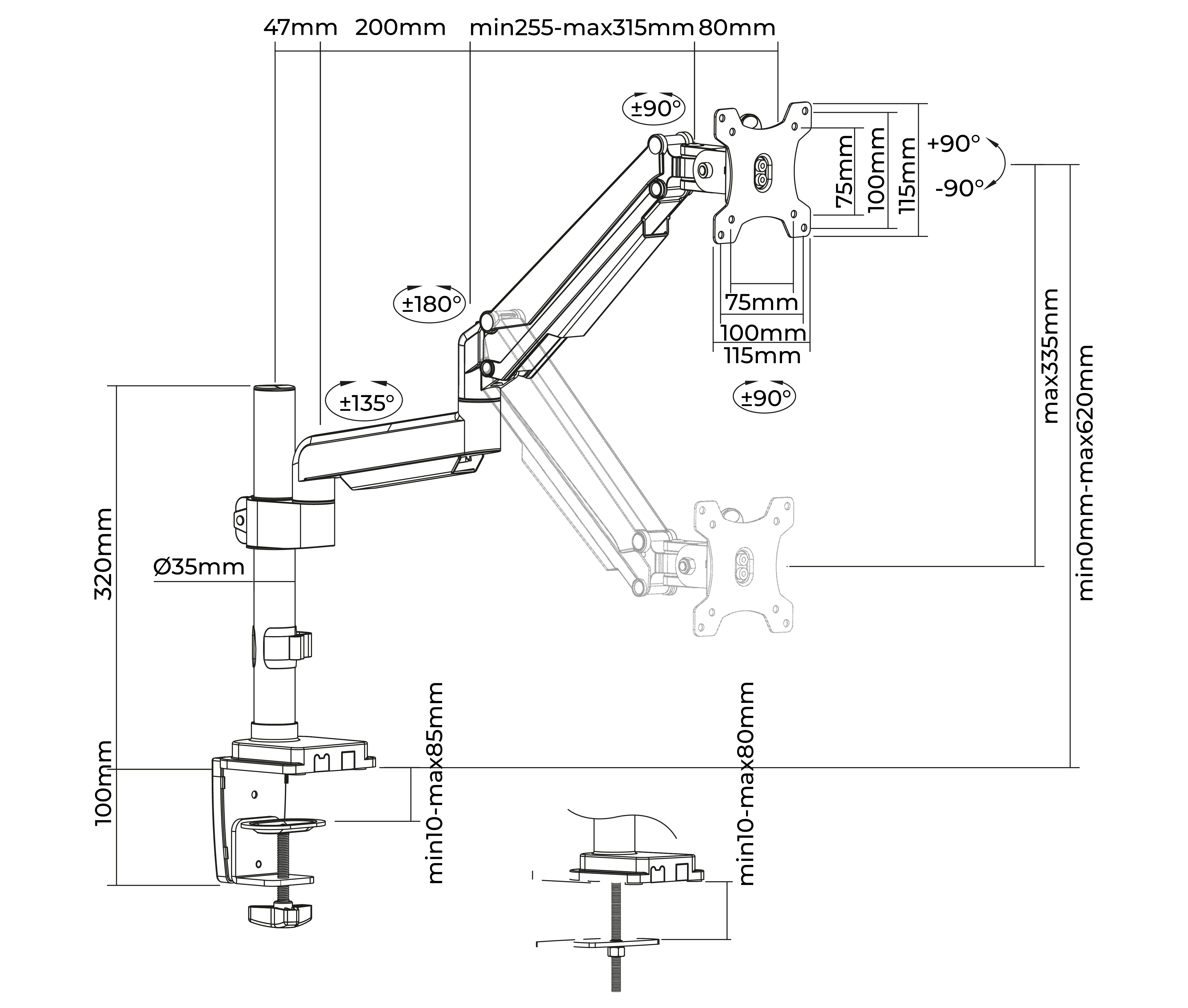 Rack Soporte con Gas Spring de Escritorio para Monitor 17 a 32 Pulg