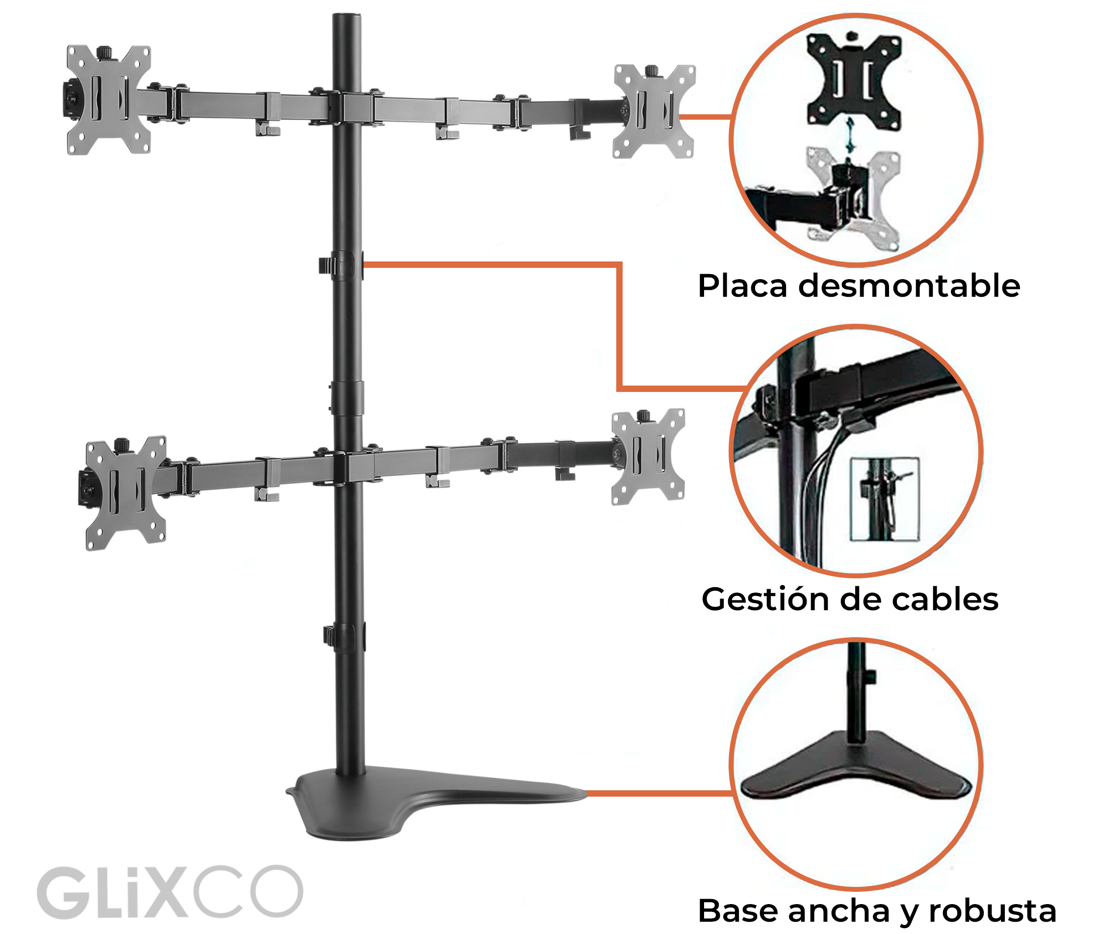 Rack Soporte Cuadruple Brazo con Base para 4 Monitores 13 a 32 Pulg