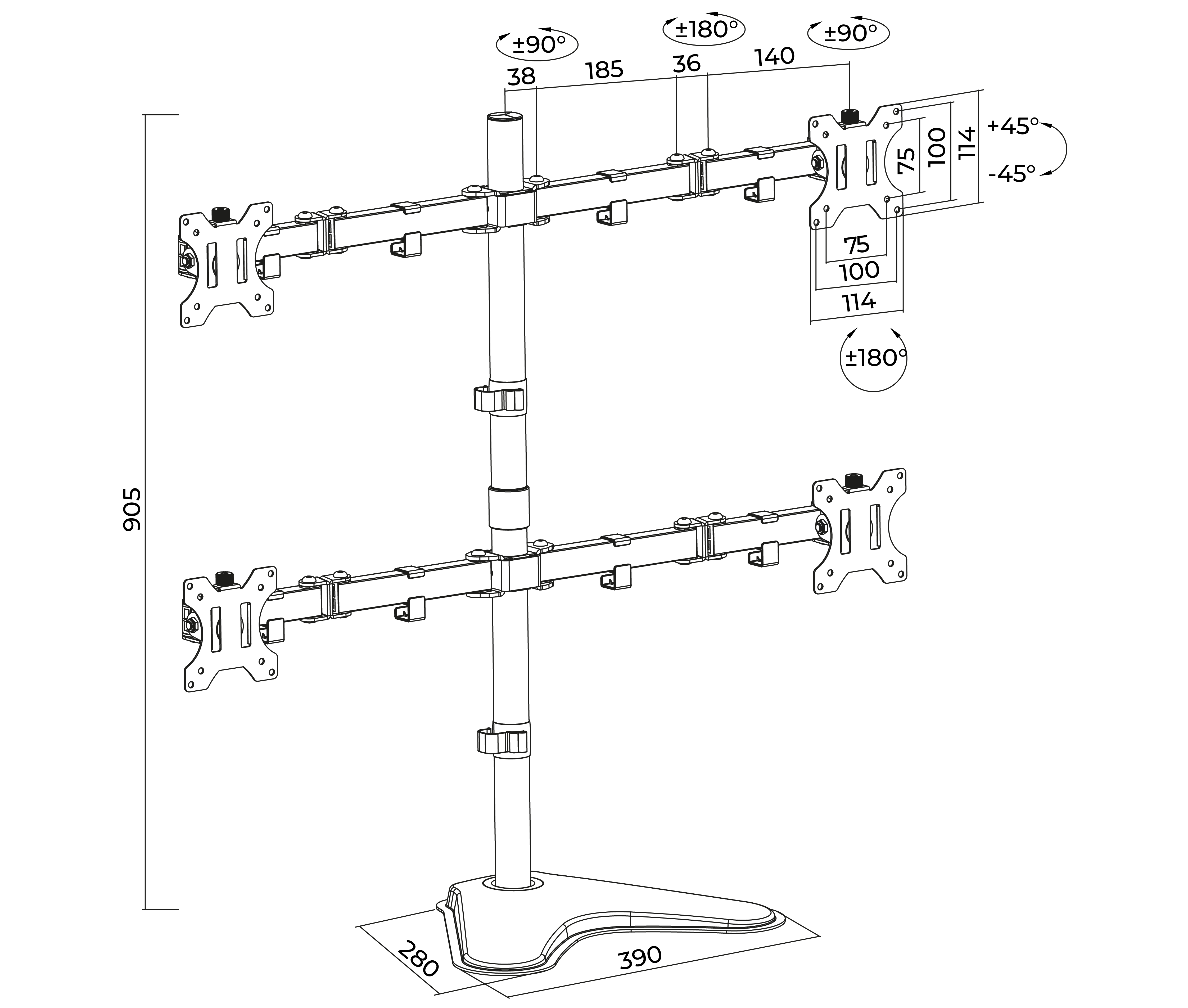 Rack Soporte Cuadruple Brazo con Base para 4 Monitores 13 a 32 Pulg