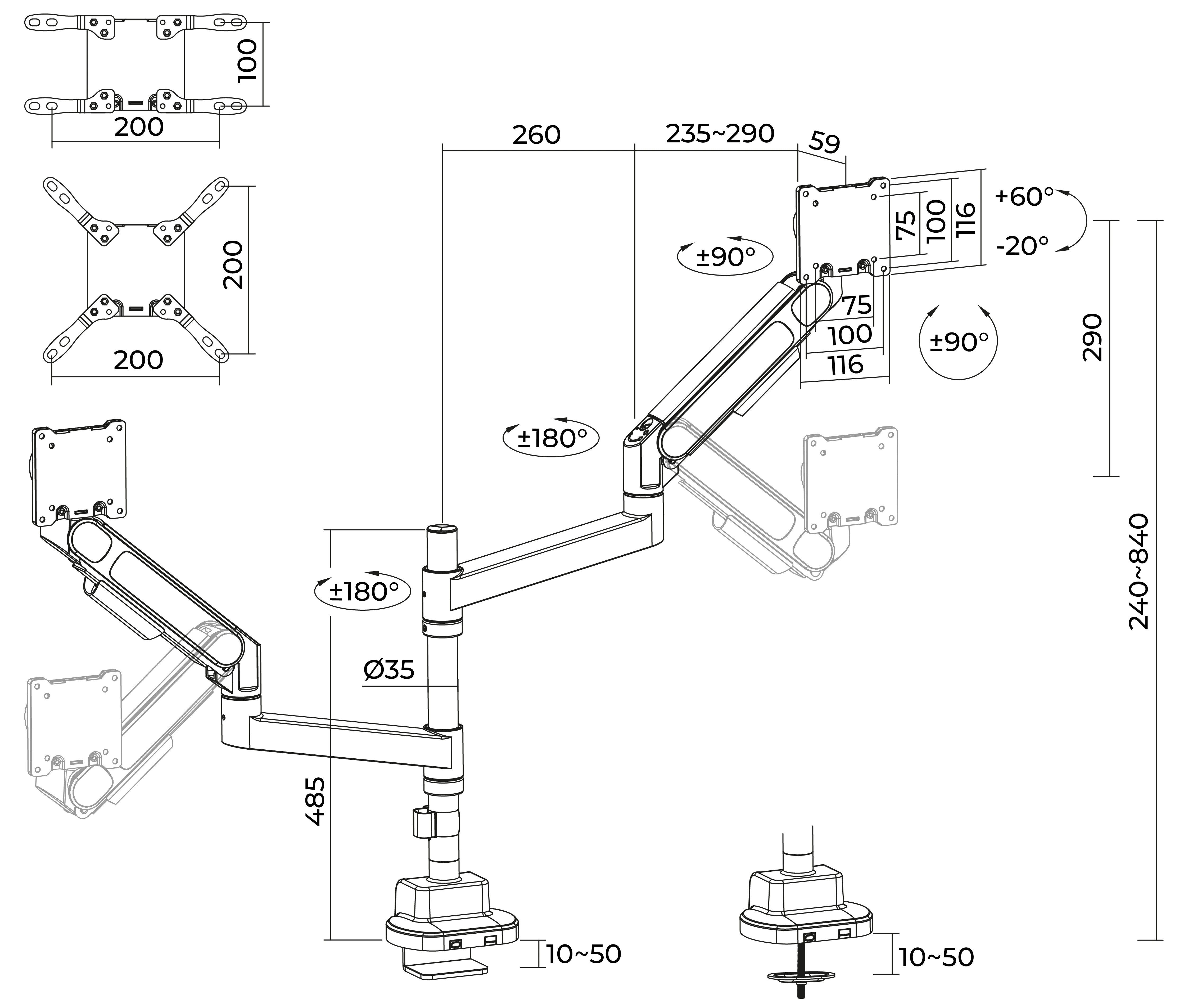 Rack Soporte Doble Brazo con Gas Spring de Escritorio de para 2 Monitores 24 a 57 Pulg