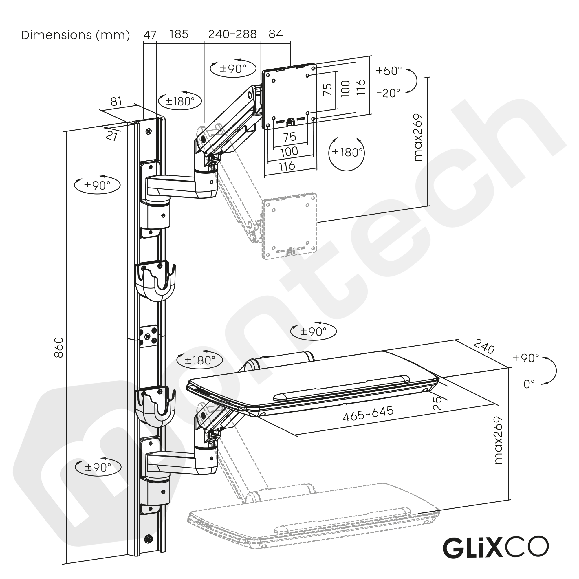Estación de trabajo médica de pared de alta resistencia para Monitor 17-49 Pulg