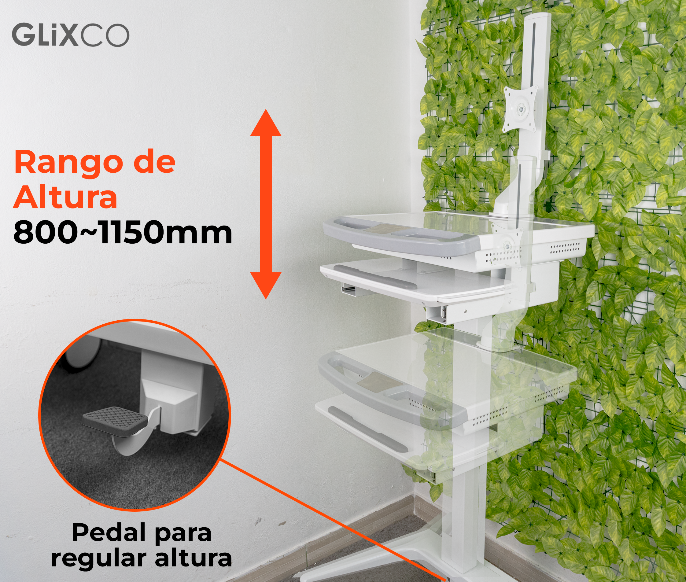 Carro Médico con Elevador de Gas y Soporte para Monitor 17 a 32 Pulg