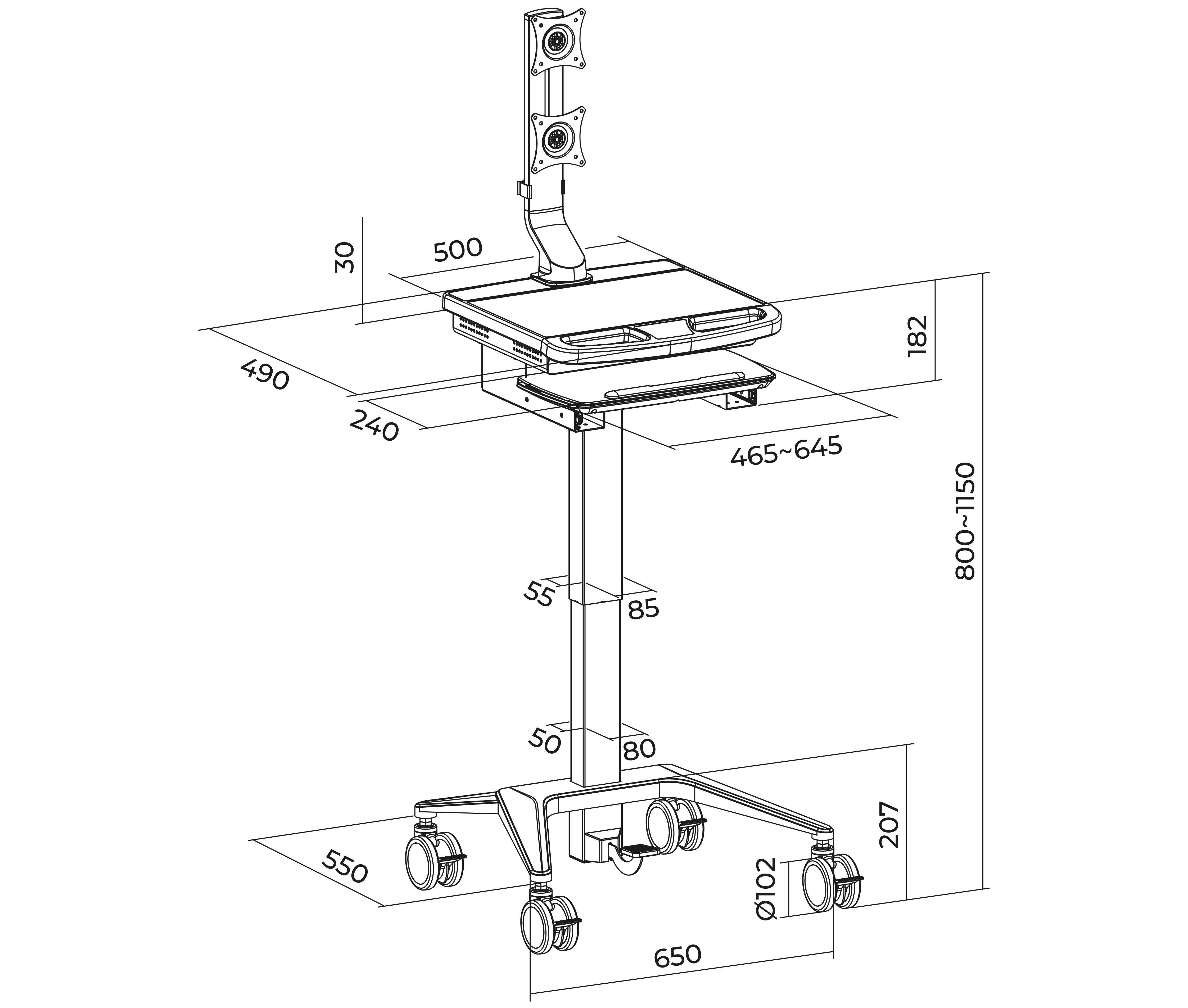 Carro Médico con Elevador de Gas y Soporte para Monitor 17 a 32 Pulg