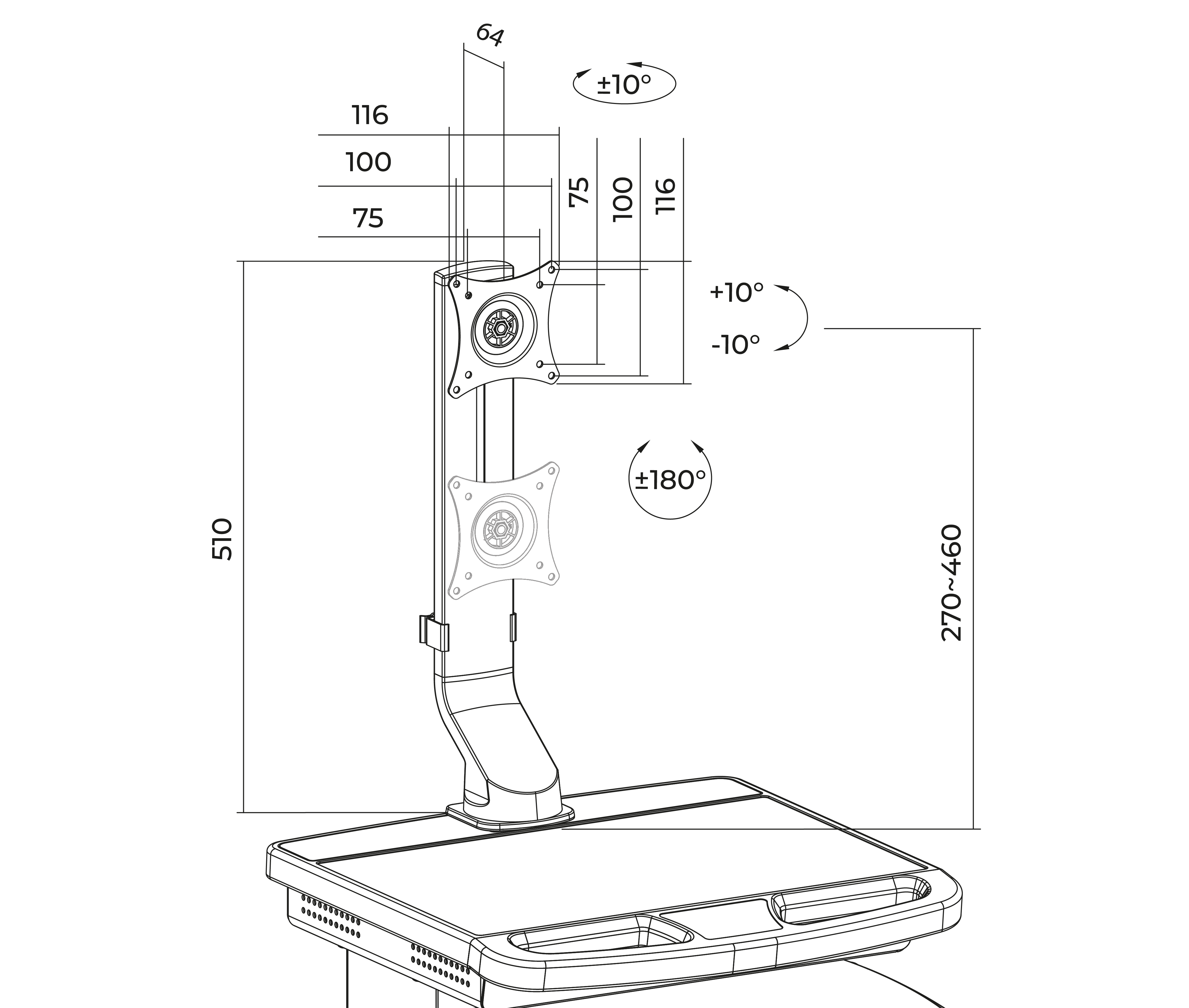 Carro Médico con Elevador de Gas y Soporte para Monitor 17 a 32 Pulg