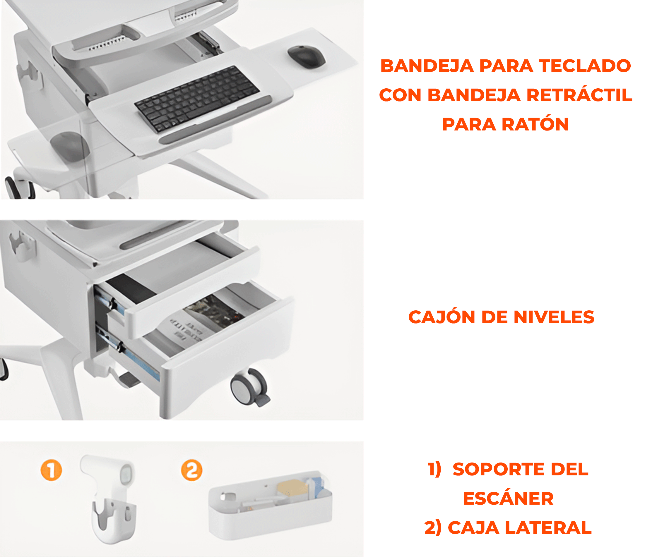 Carro Médico con Elevador de Gas, Soporte para Monitor 17 a 32 Pulg y Cajón