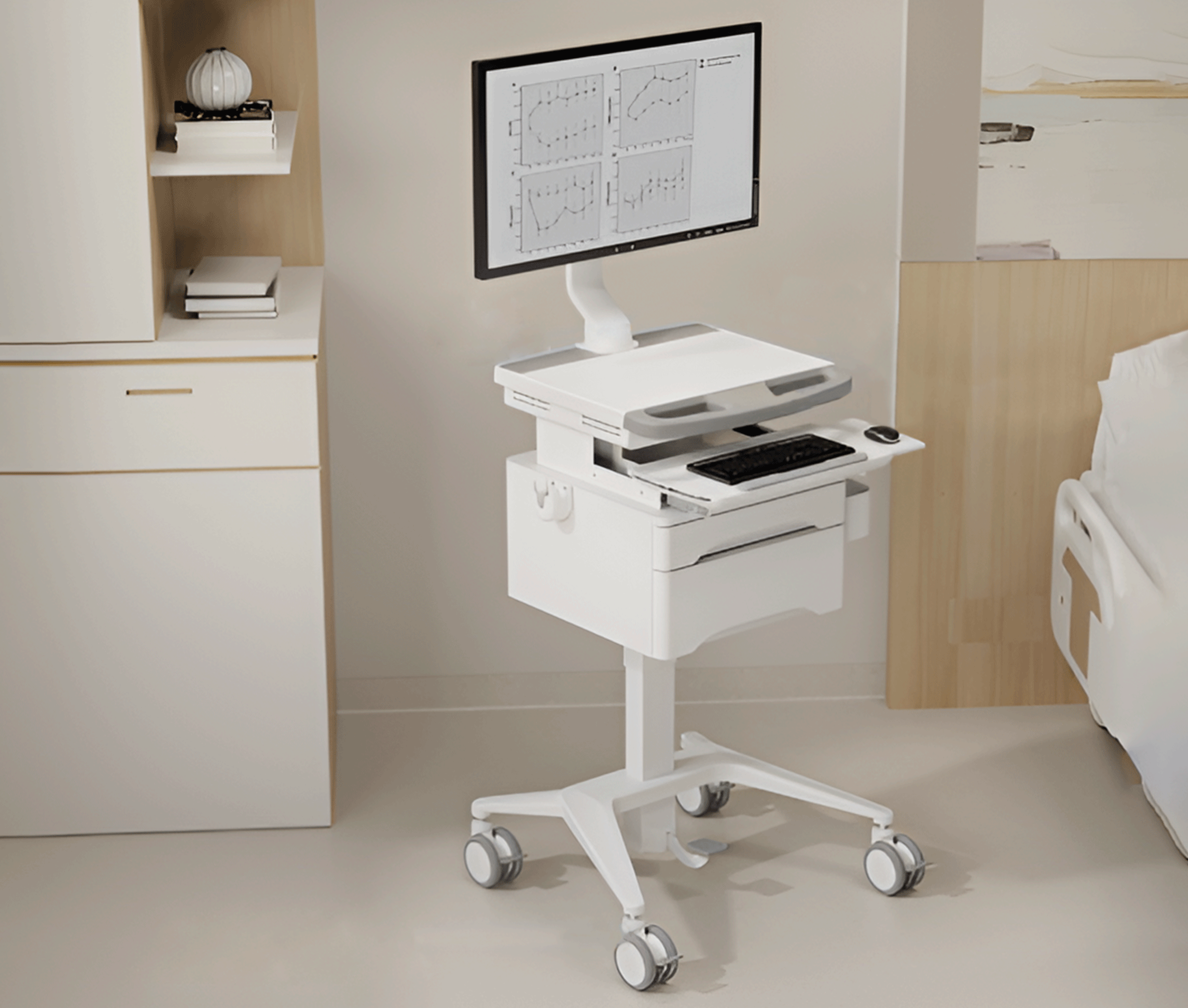 Carro Médico con Elevador de Gas, Soporte para Monitor 17 a 32 Pulg y Cajón