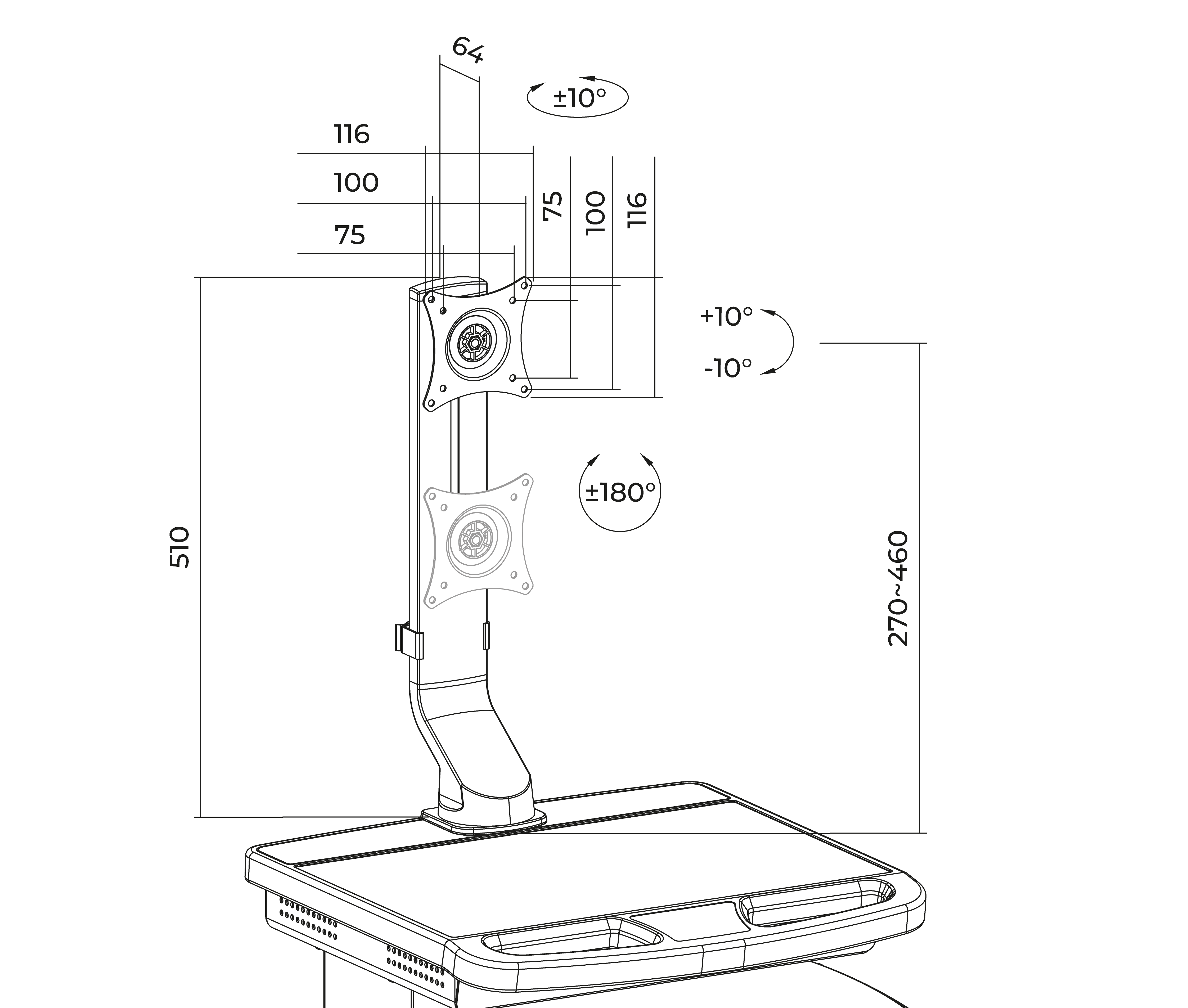 Carro Médico con Elevador de Gas, Soporte para Monitor 17 a 32 Pulg y Cajón