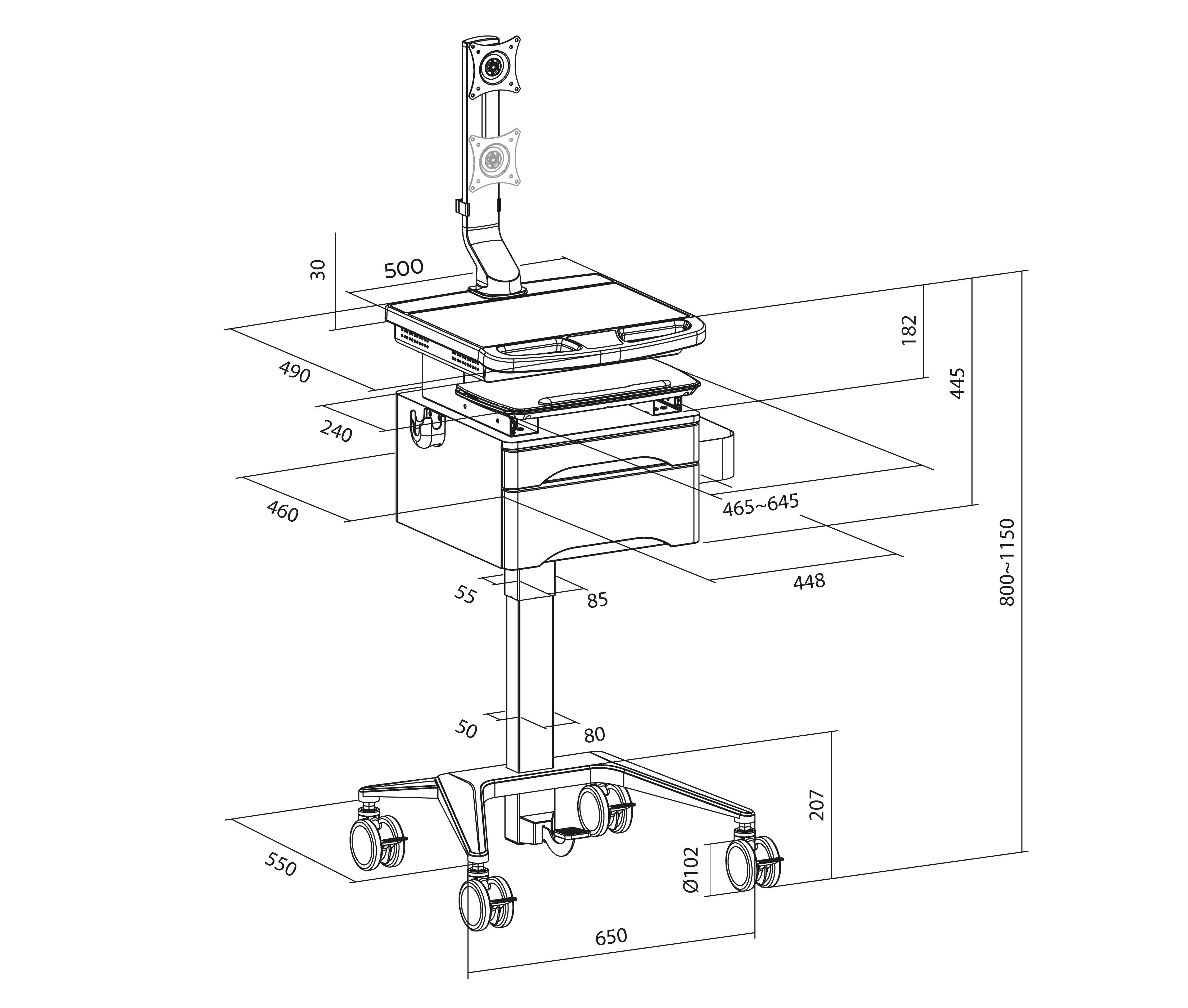 Carro Médico con Elevador de Gas, Soporte para Monitor 17 a 32 Pulg y Cajón