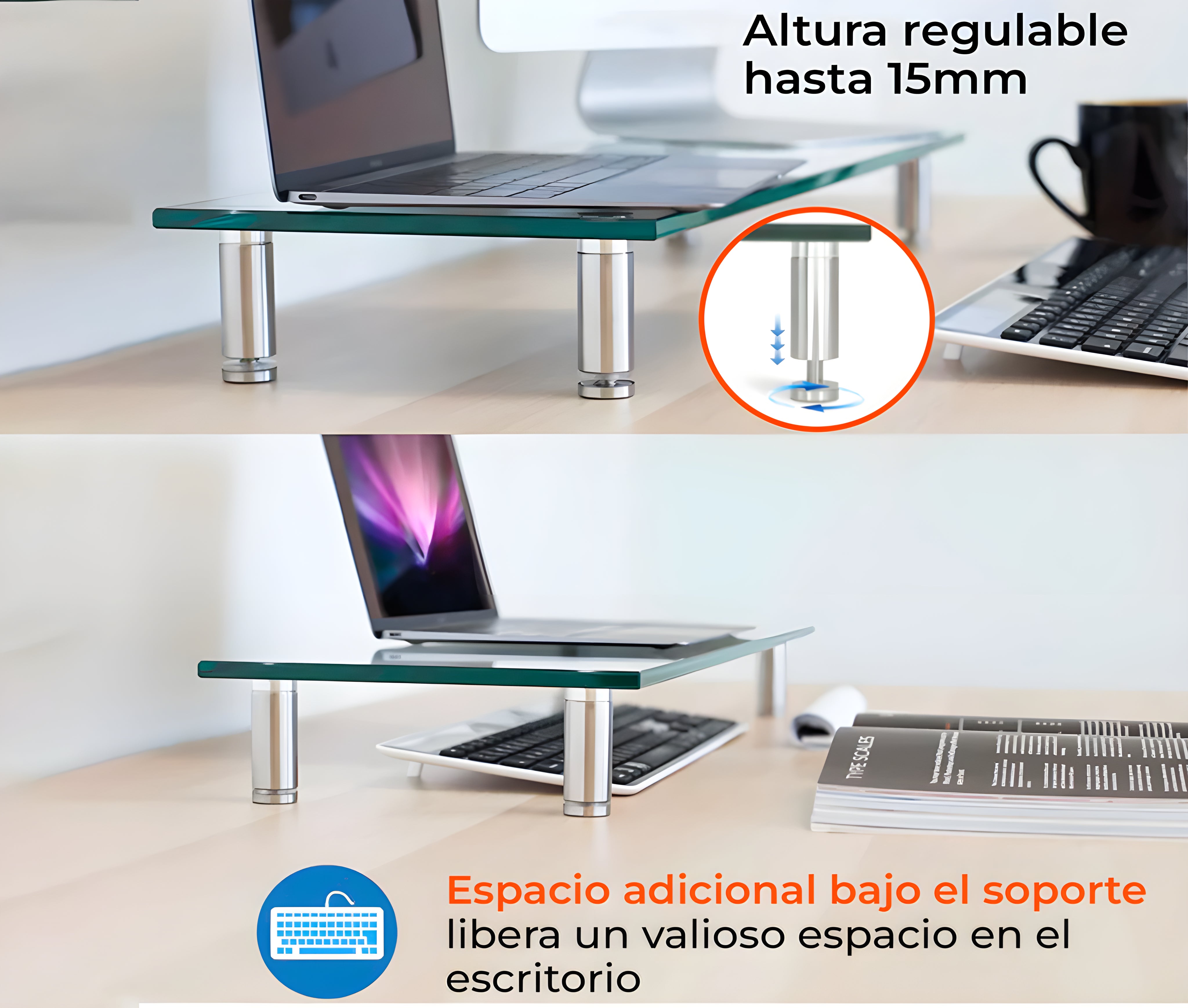 Mesa de Vidrio Templado para Monitor 13 a 32 Pulg / Altura Regulable / Medida 56x24 cm / Espesor 10mm / Carga 30 kg
