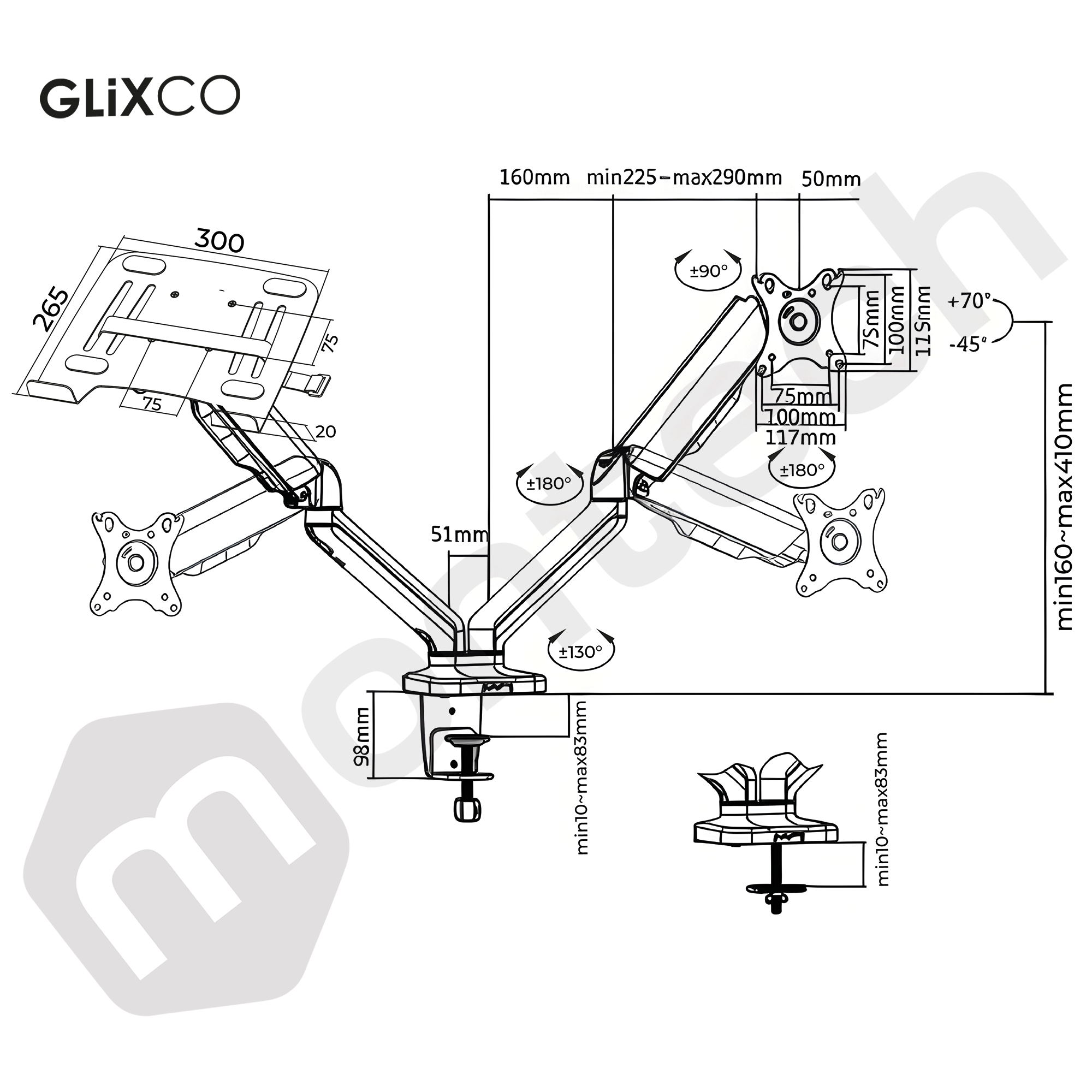 Rack Soporte Doble Brazo con Gas Spring de Escritorio para Laptop 15 Pulg y Monitor 17 a 32 Pulg