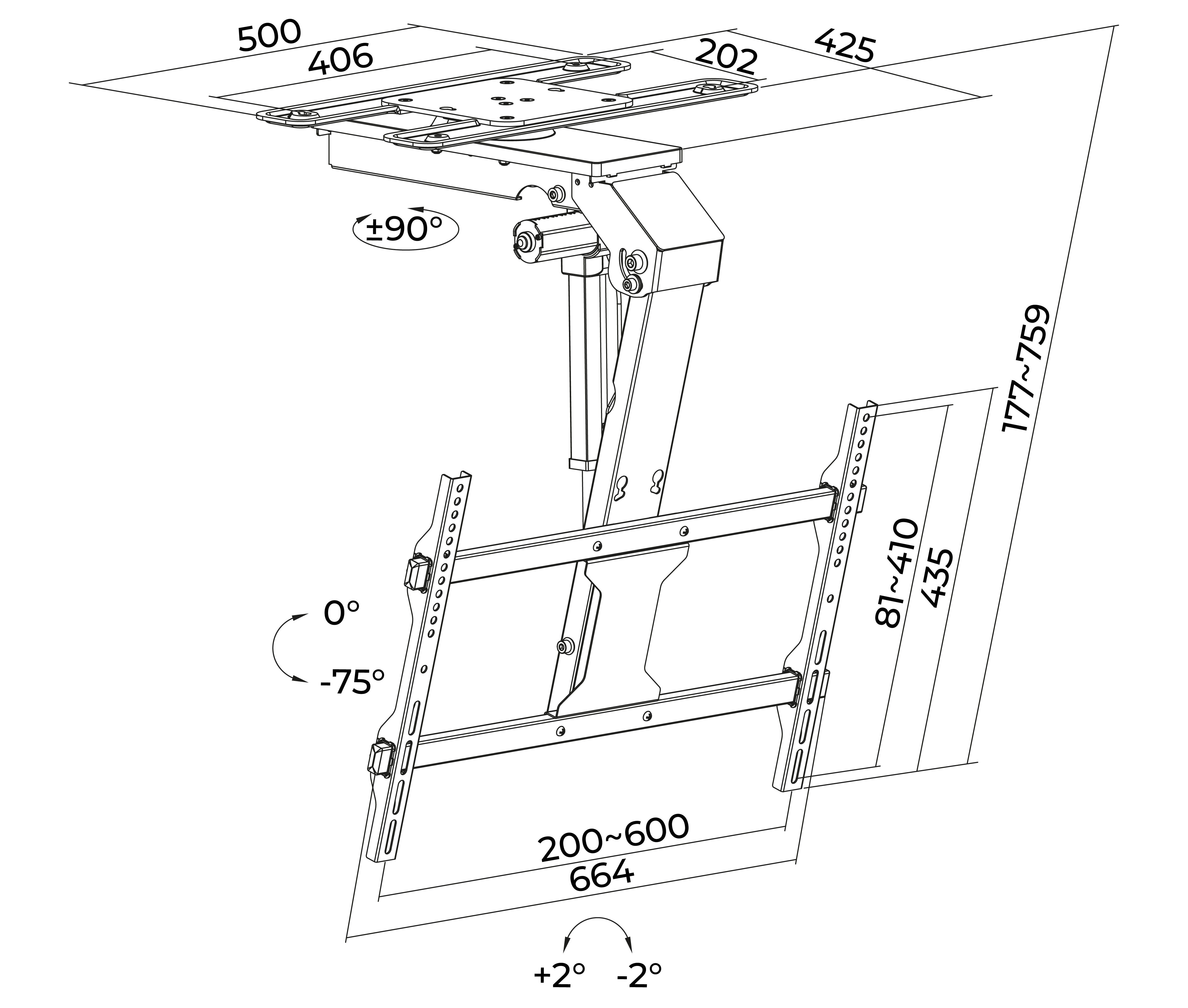 Rack Techo Eléctrico Plegable y Giratorio a Control Remoto, App para TV 37 a 65 Pulg / VESA Max 600x400mm / Carga 45 kg