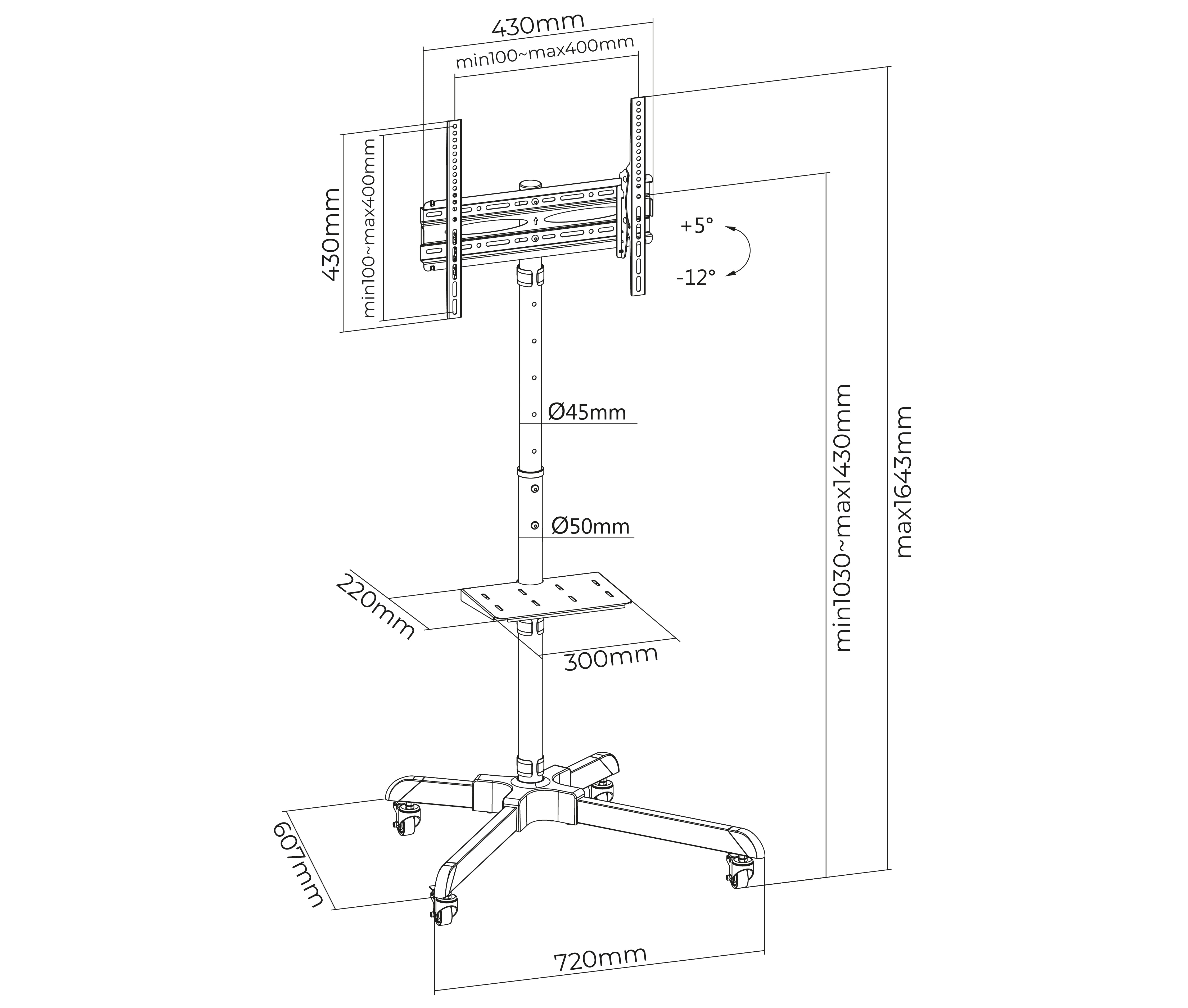 Pedestal con Ruedas y Rack para TV 32 a 55 Pulg / VESA Max 400x400mm / Carga 35 kg