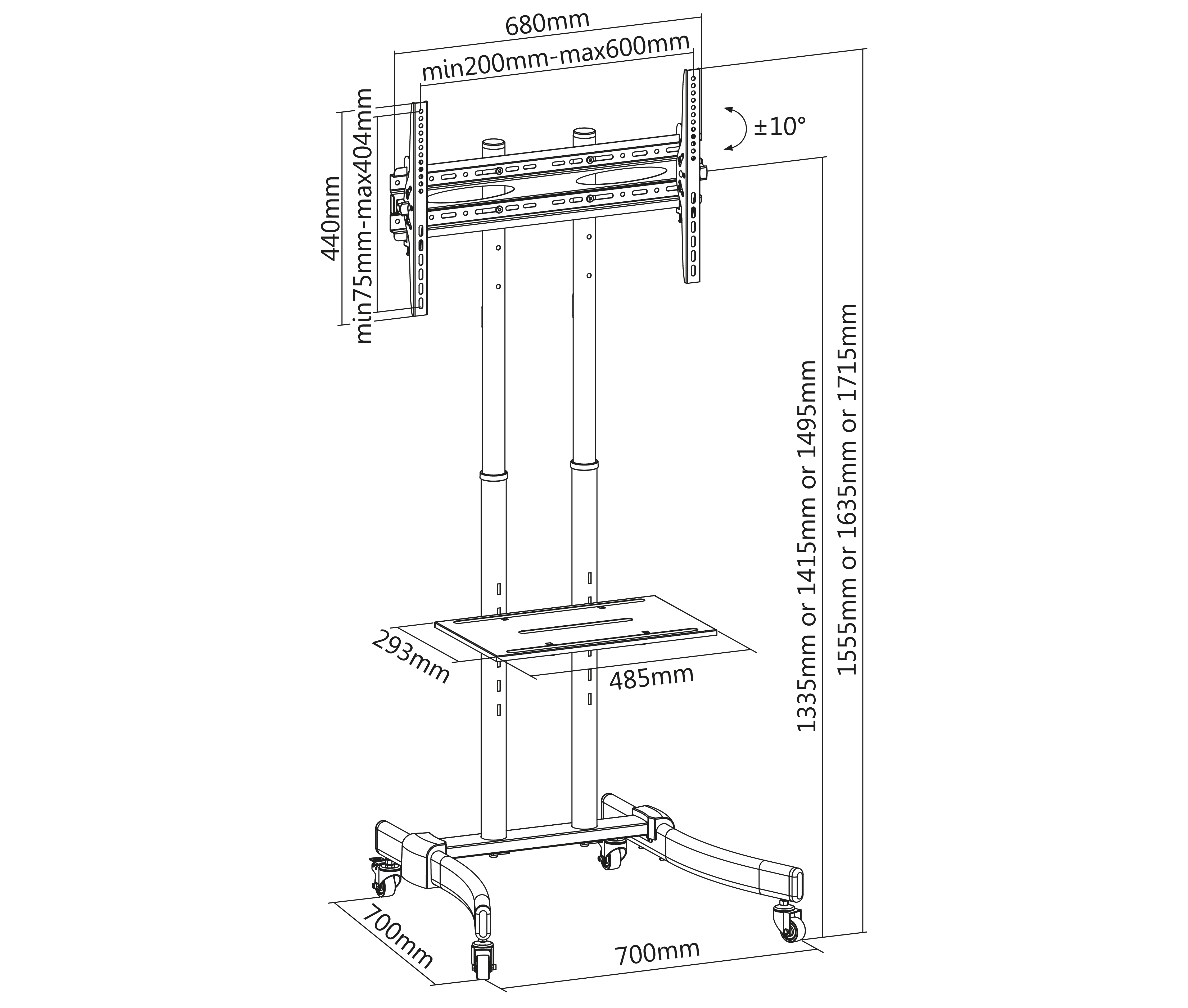 Pedestal con Ruedas para TV 37 a 70 Pulg / VESA Max 600x400mm / Carga 40 kg