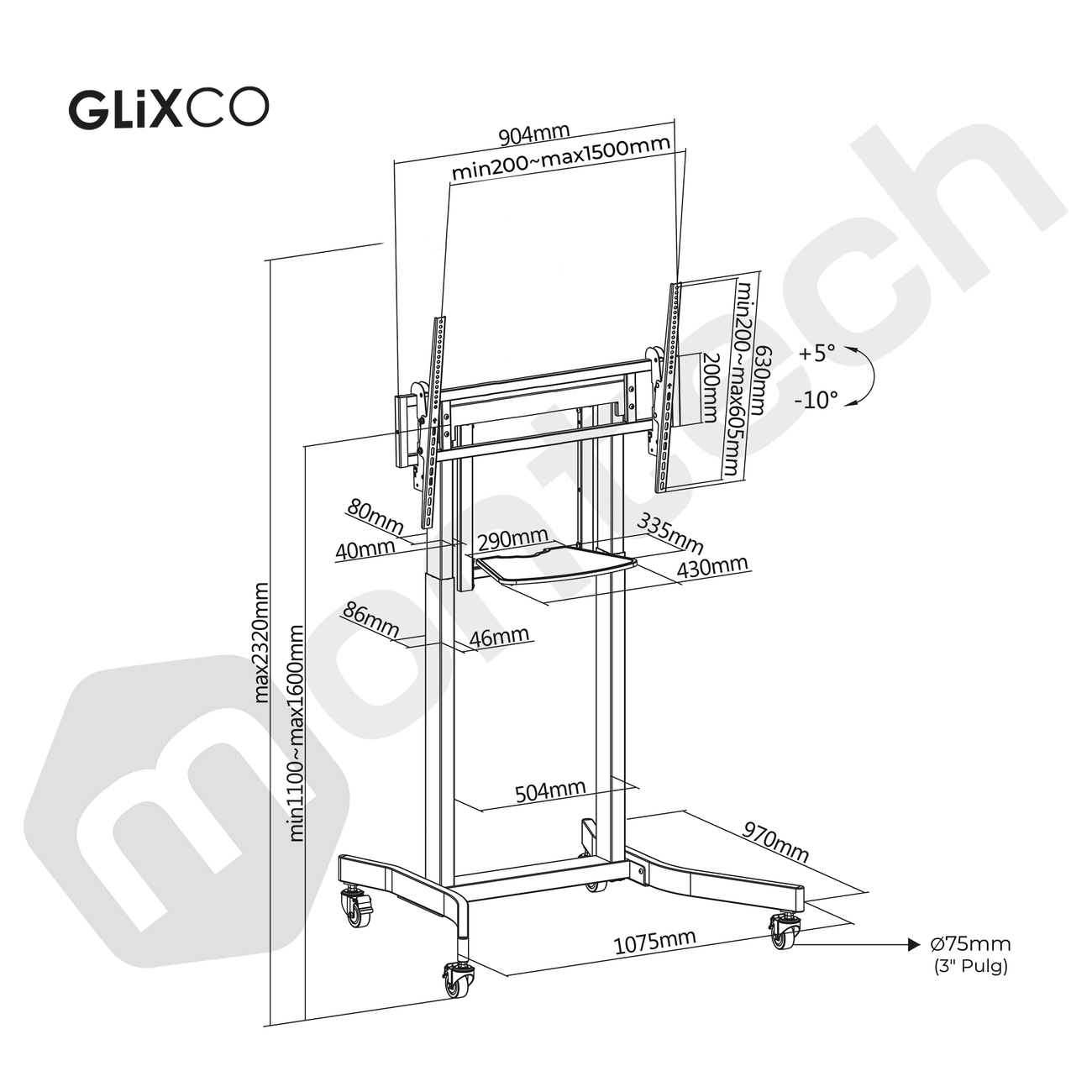 Pedestal Eléctrico Motorizado con Ruedas para TV 55 a 100 Pulg / VESA Max 1500x600mm / Carga 120 kg