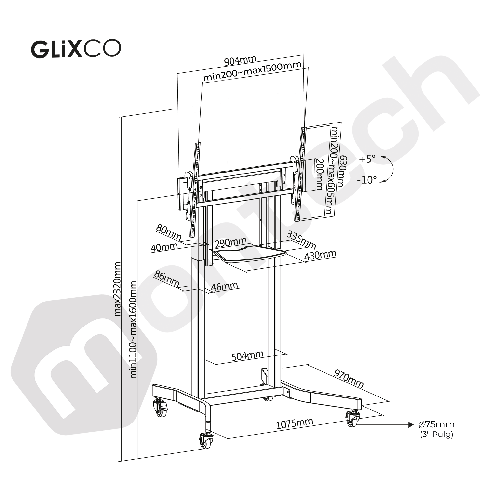 Pedestal Eléctrico Motorizado con Ruedas para TV 55 a 100 Pulg / VESA Max 1500x600mm / Carga 120 kg