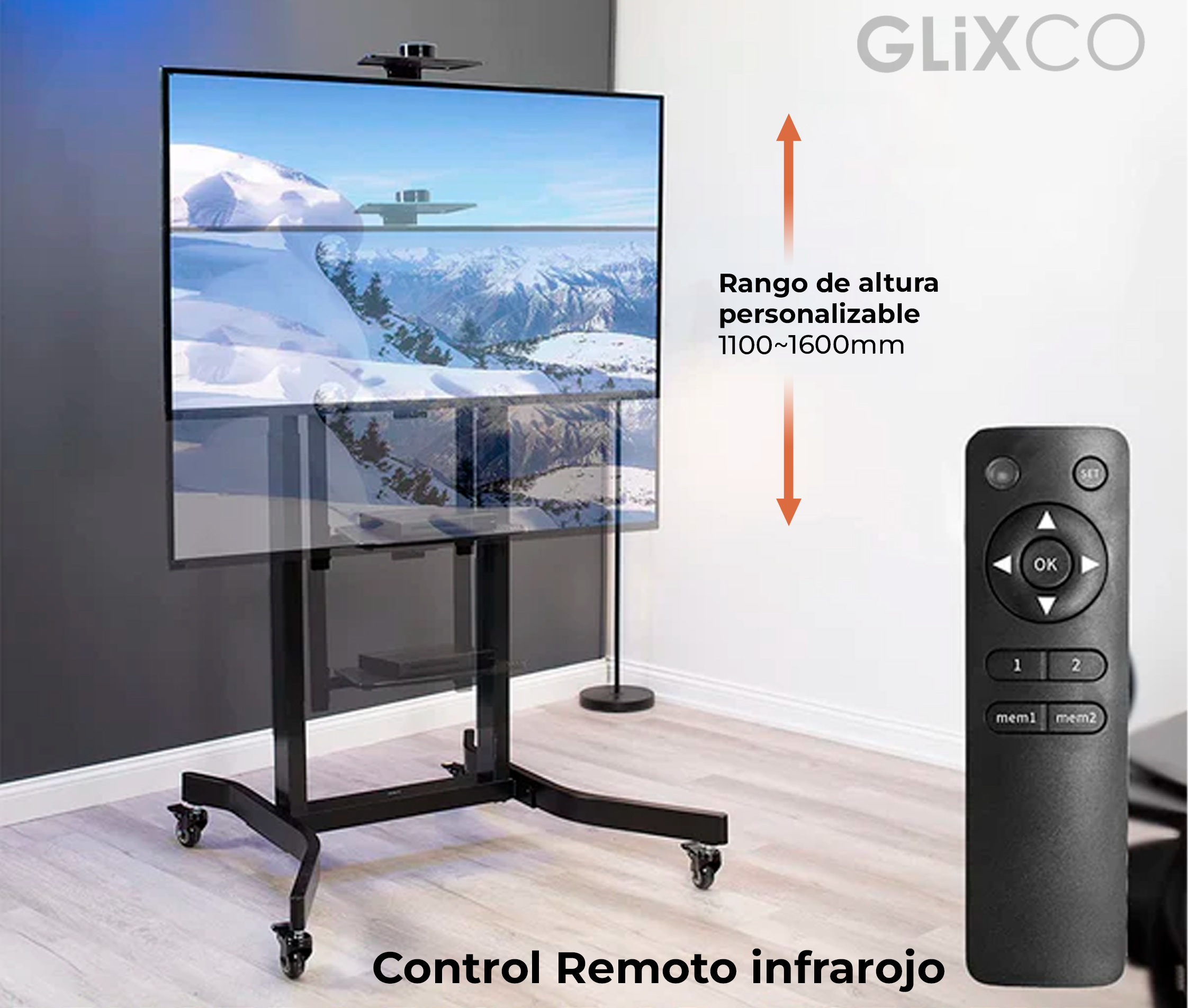 Pedestal Eléctrico Motorizado con Ruedas para TV de 55 a 100 Pulg / VESA Max 800x600mm / Carga 120 Kg