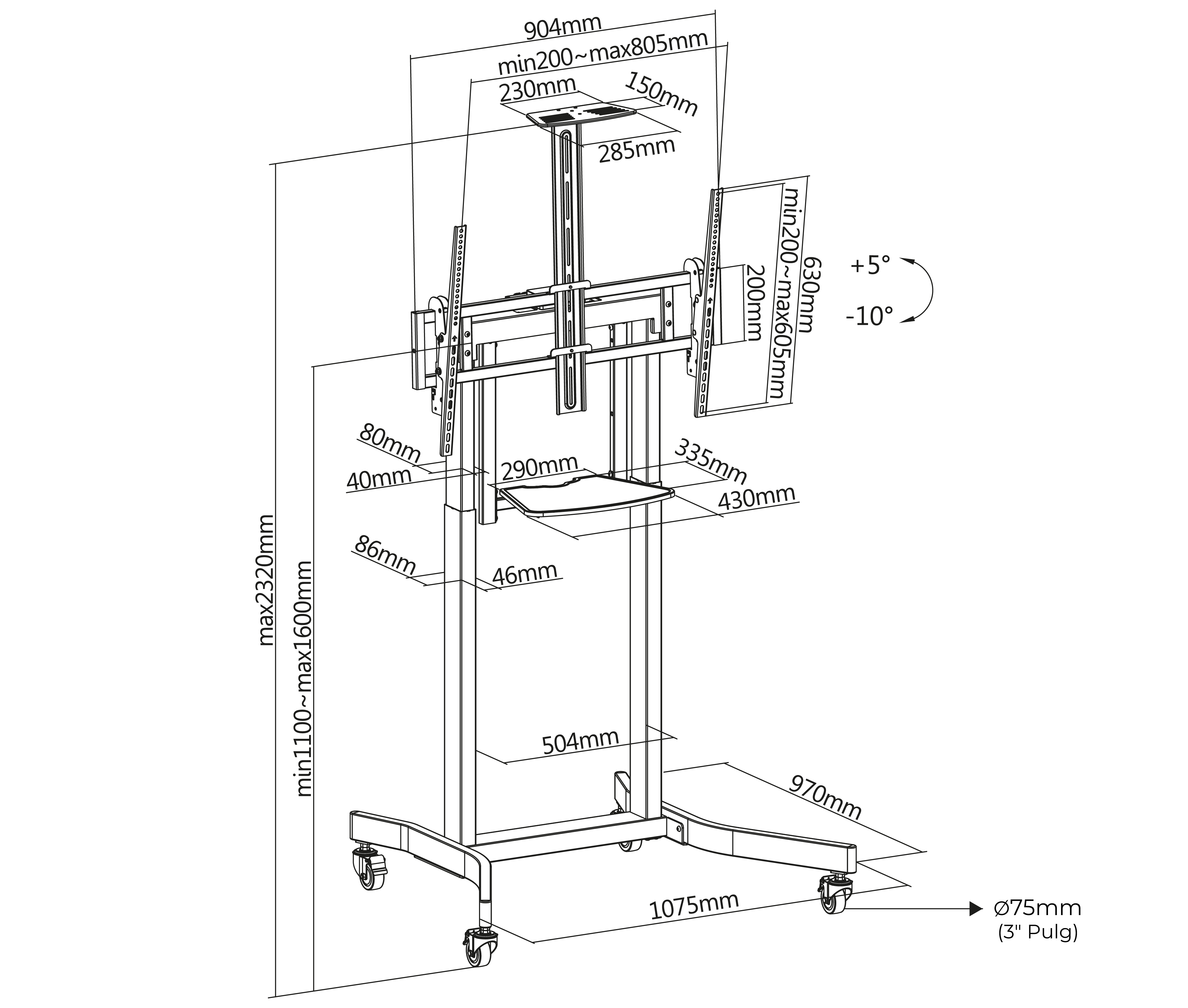 Pedestal Eléctrico Motorizado con Ruedas para TV de 55 a 100 Pulg / VESA Max 800x600mm / Carga 120 Kg