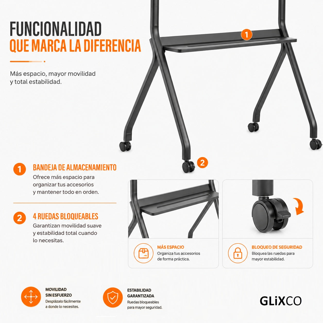 Rack Pedestal con Ruedas para TV 55 a 100 Pulg / VESA Max 900x600mm / Carga 120 kg