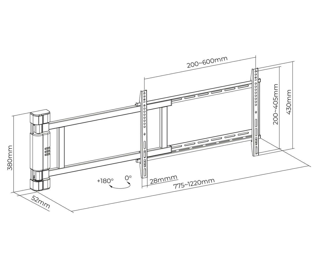 Rack Giratorio Tv 32 a 75 Pulg - Brazo Extra Largo 122 cm - VESA Max 600x400mm - Giro 180°