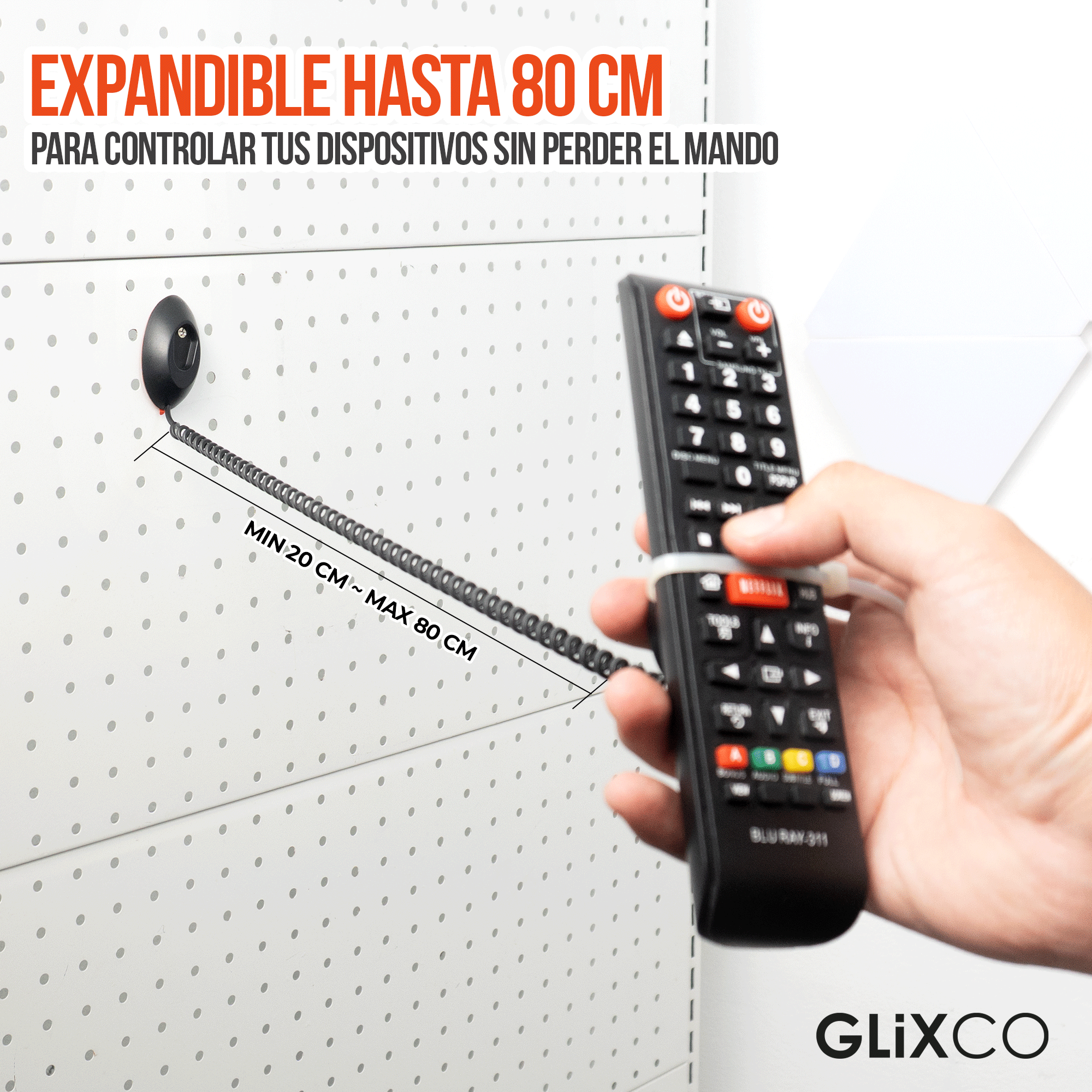 Cable Retráctil Imantado para Control Remoto / Soporte Magnético Antipérdida / Fijación en pared / Largo Max 80cm