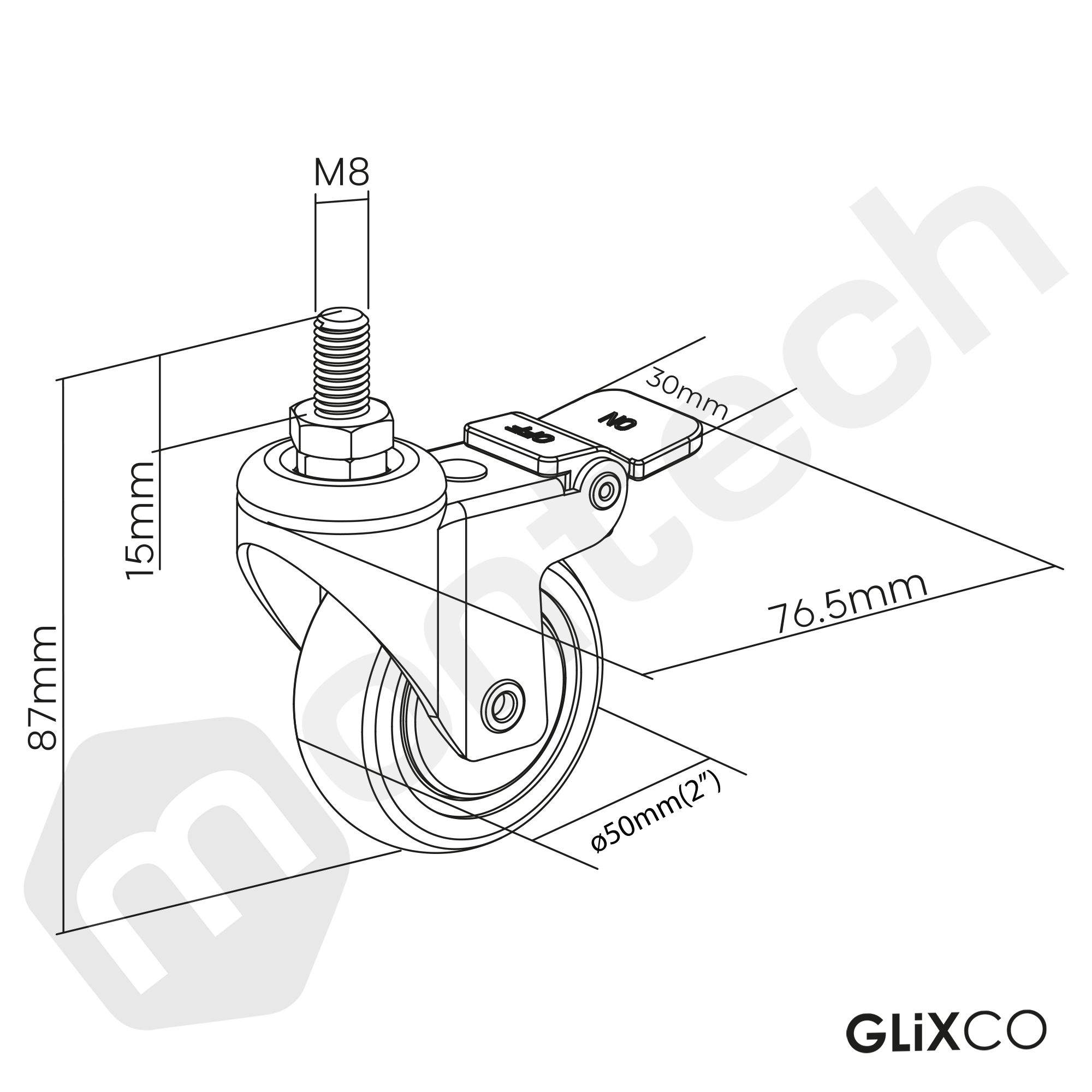 Rueda Garrucha 2" Pulg (50mm) con perno M8 y freno / (x4)