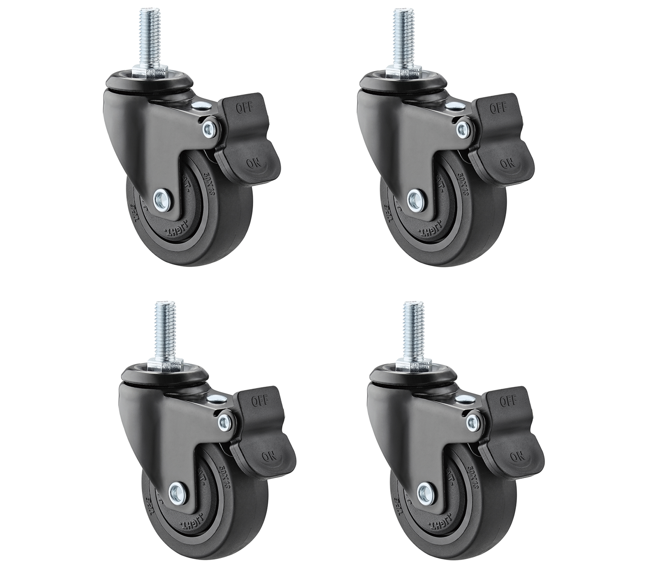 Rueda Garrucha 2" Pulg (50mm) con perno M8 y freno / (x4)